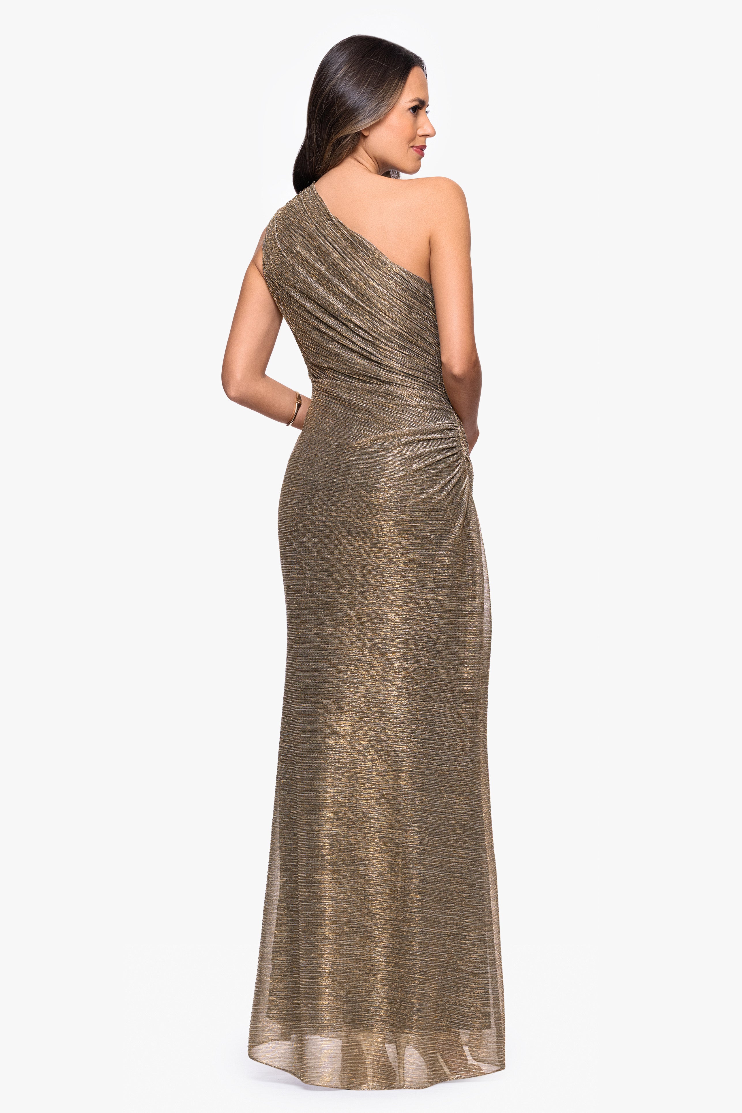 "Bayley" Metallic One Shoulder Floor Length Dress