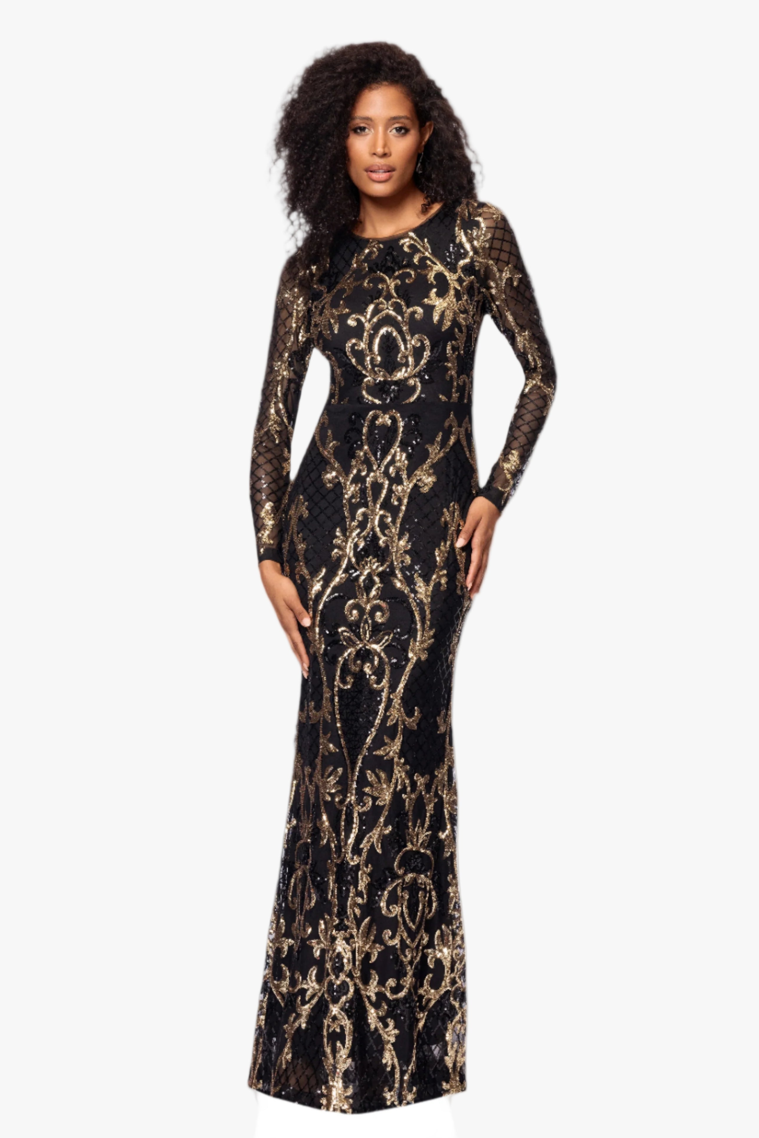 Petite "Nara" Long Sleeve Sequin Placement Gown