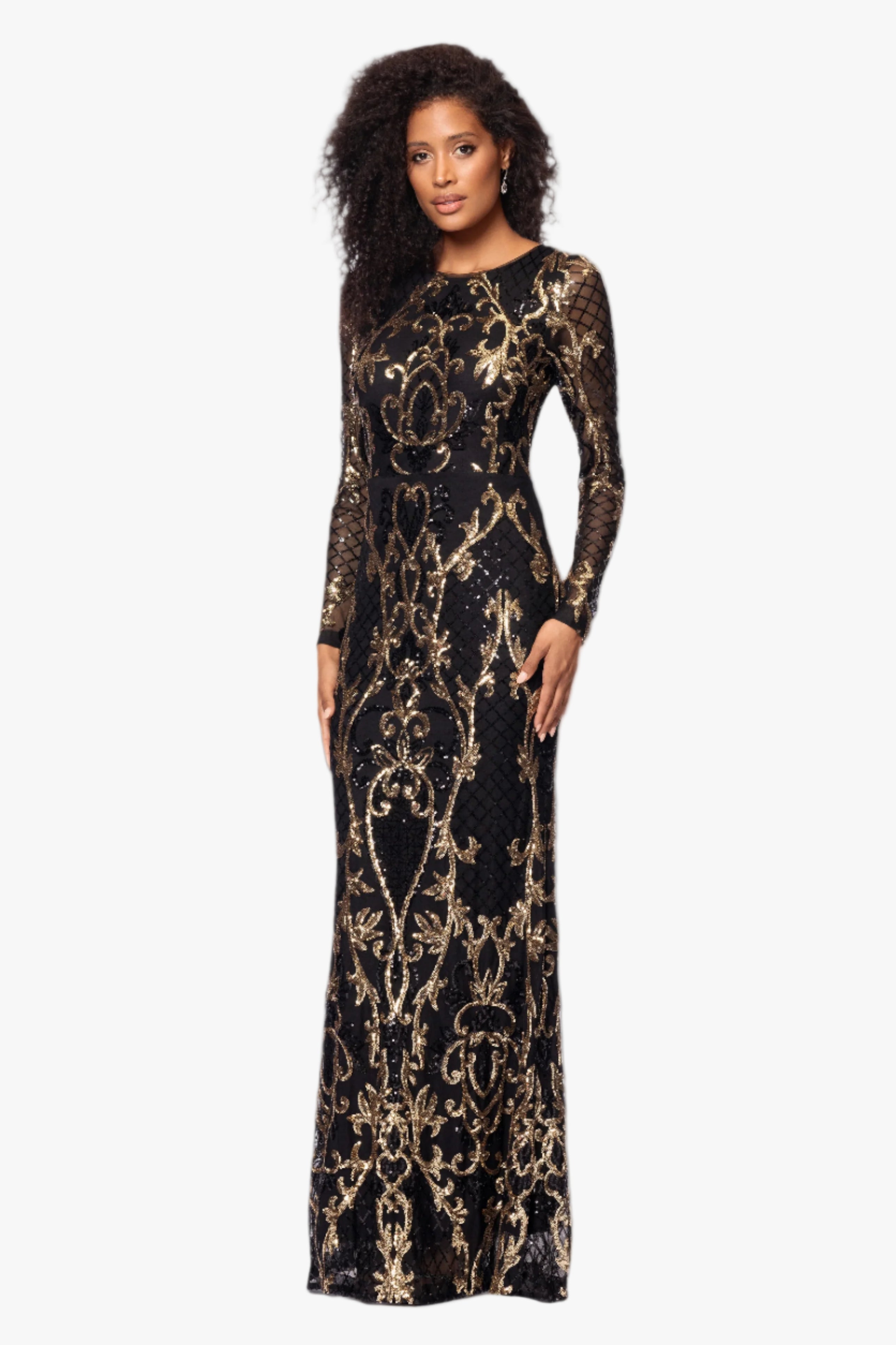 Petite "Nara" Long Sleeve Sequin Placement Gown
