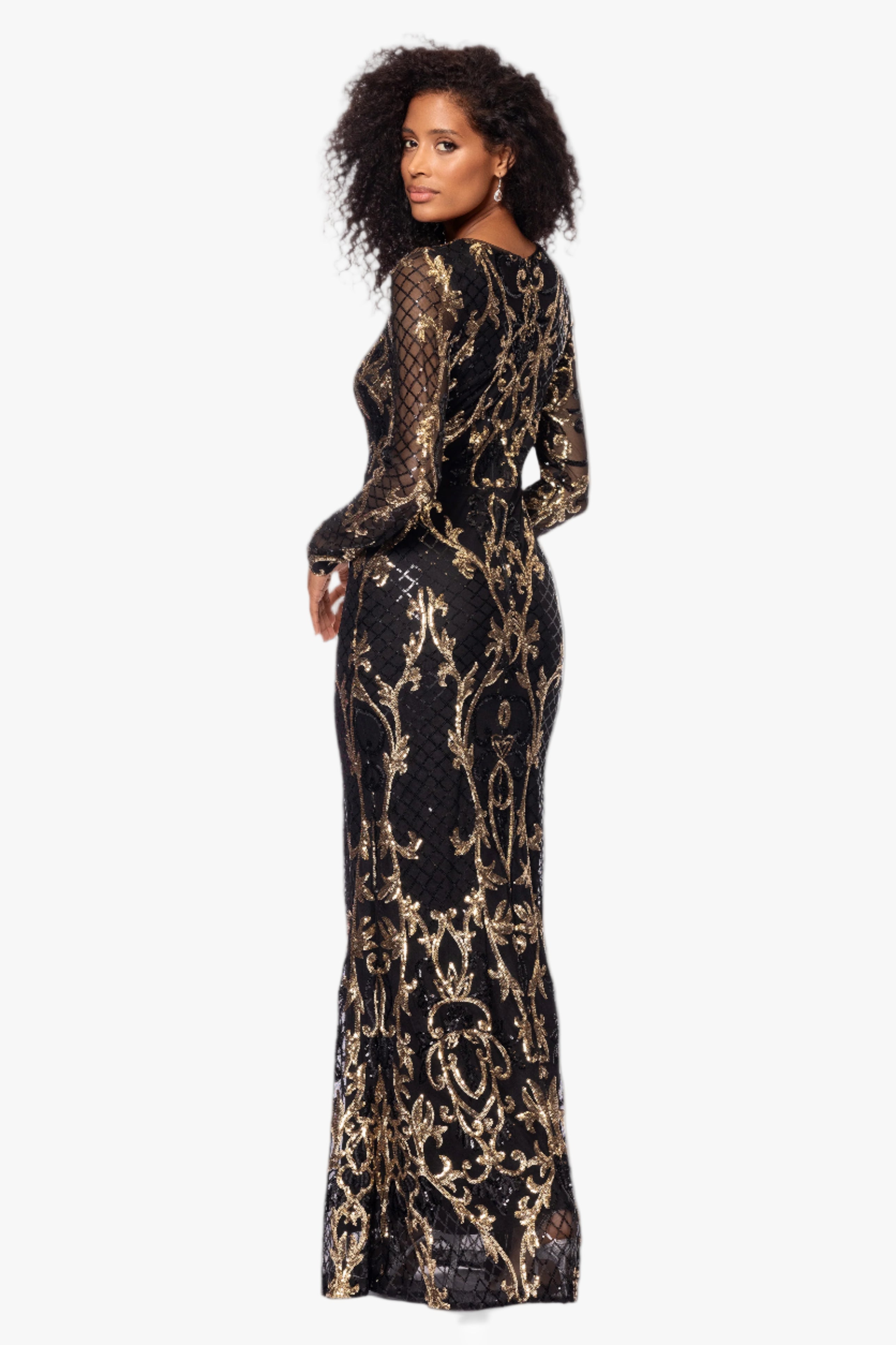 Petite "Nara" Long Sleeve Sequin Placement Gown