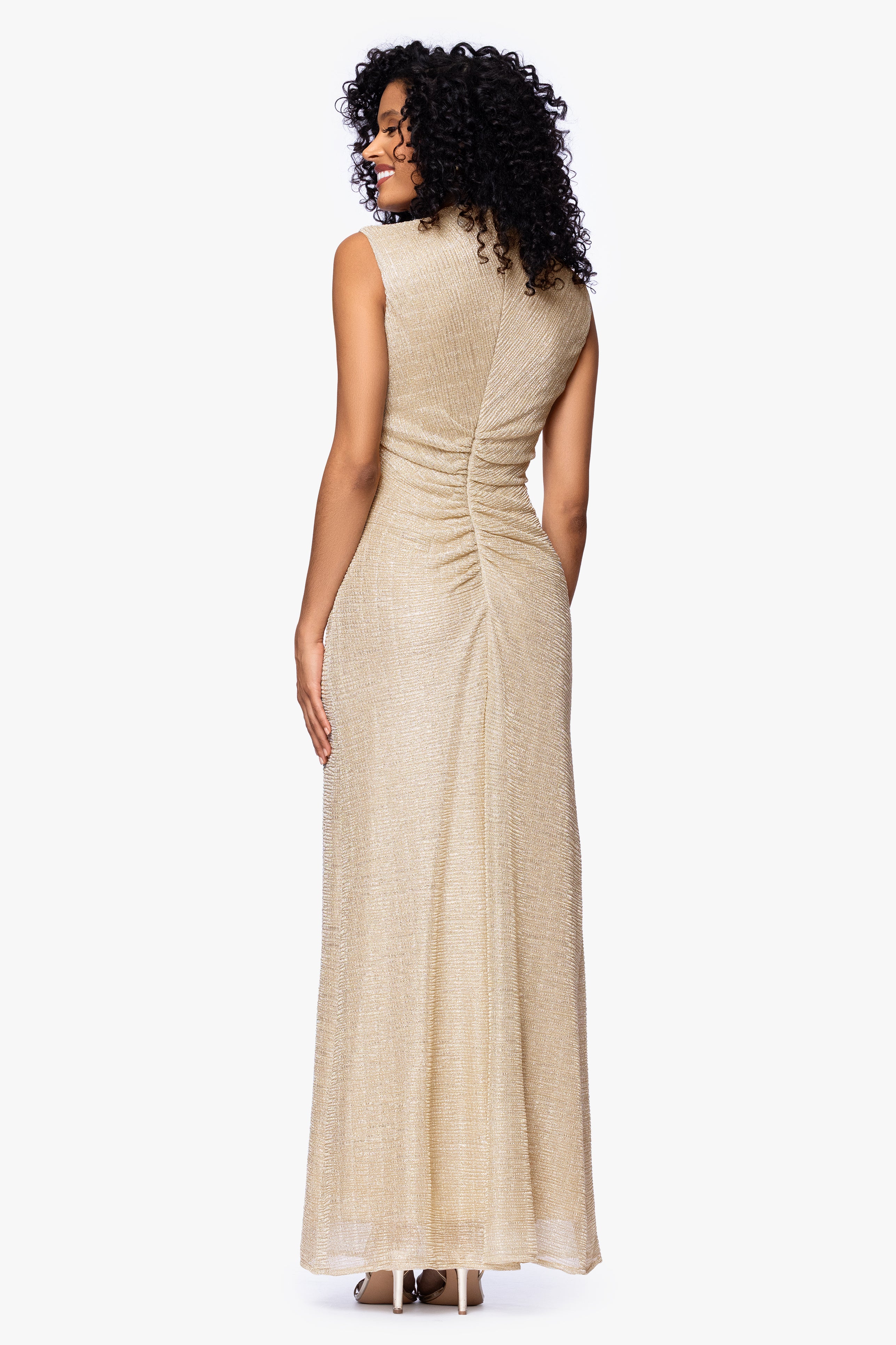Betsy & Adam Petite Ruched Metallic Crinkle Gown - Gold