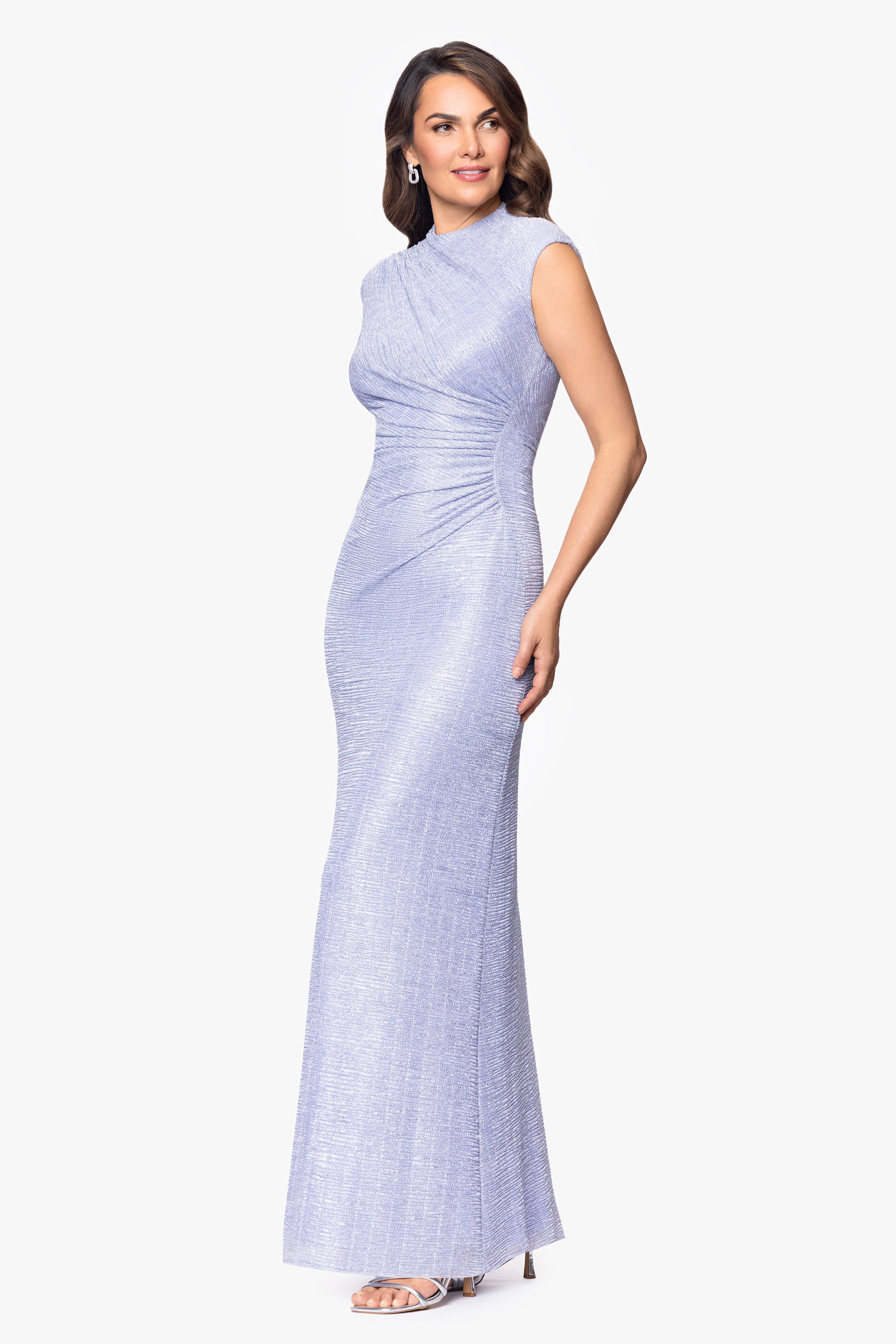 Petite "Bethany" Crinkle Metallic Rouched Floor Length Dress