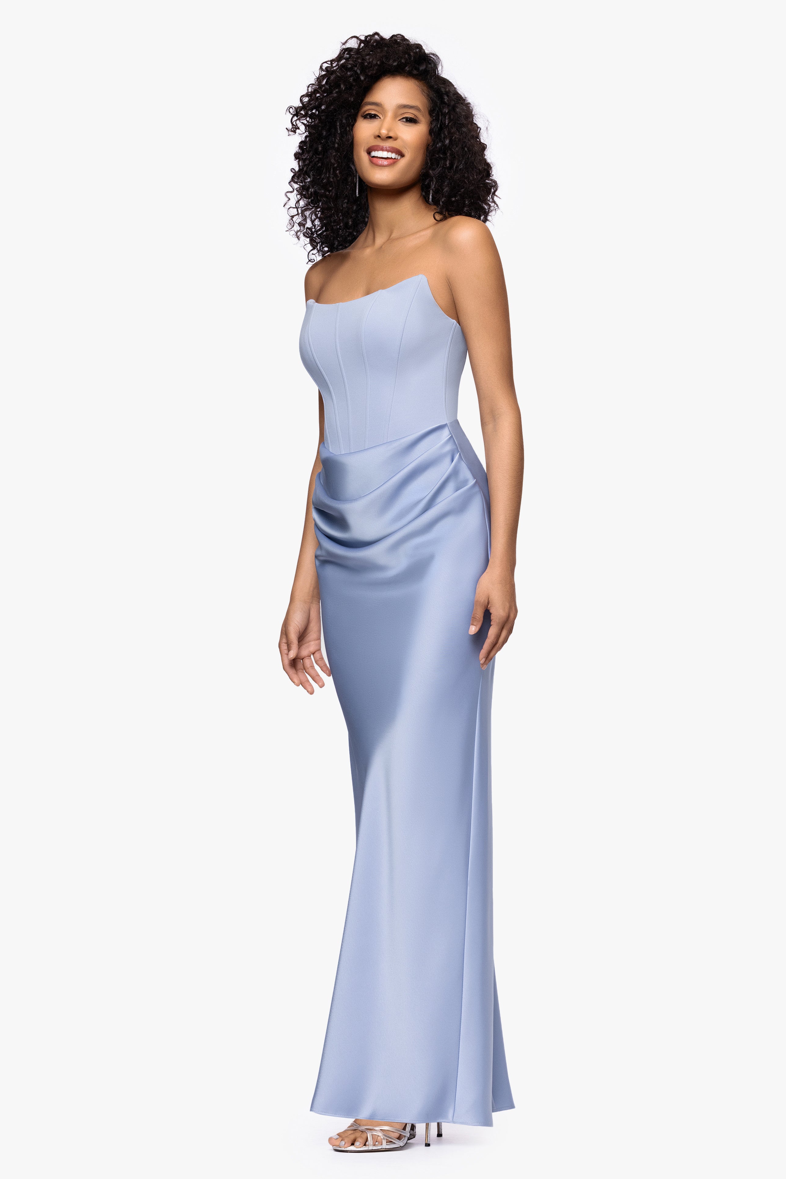 "Debra" Long Strapless Scuba Crepe and Satin Gown