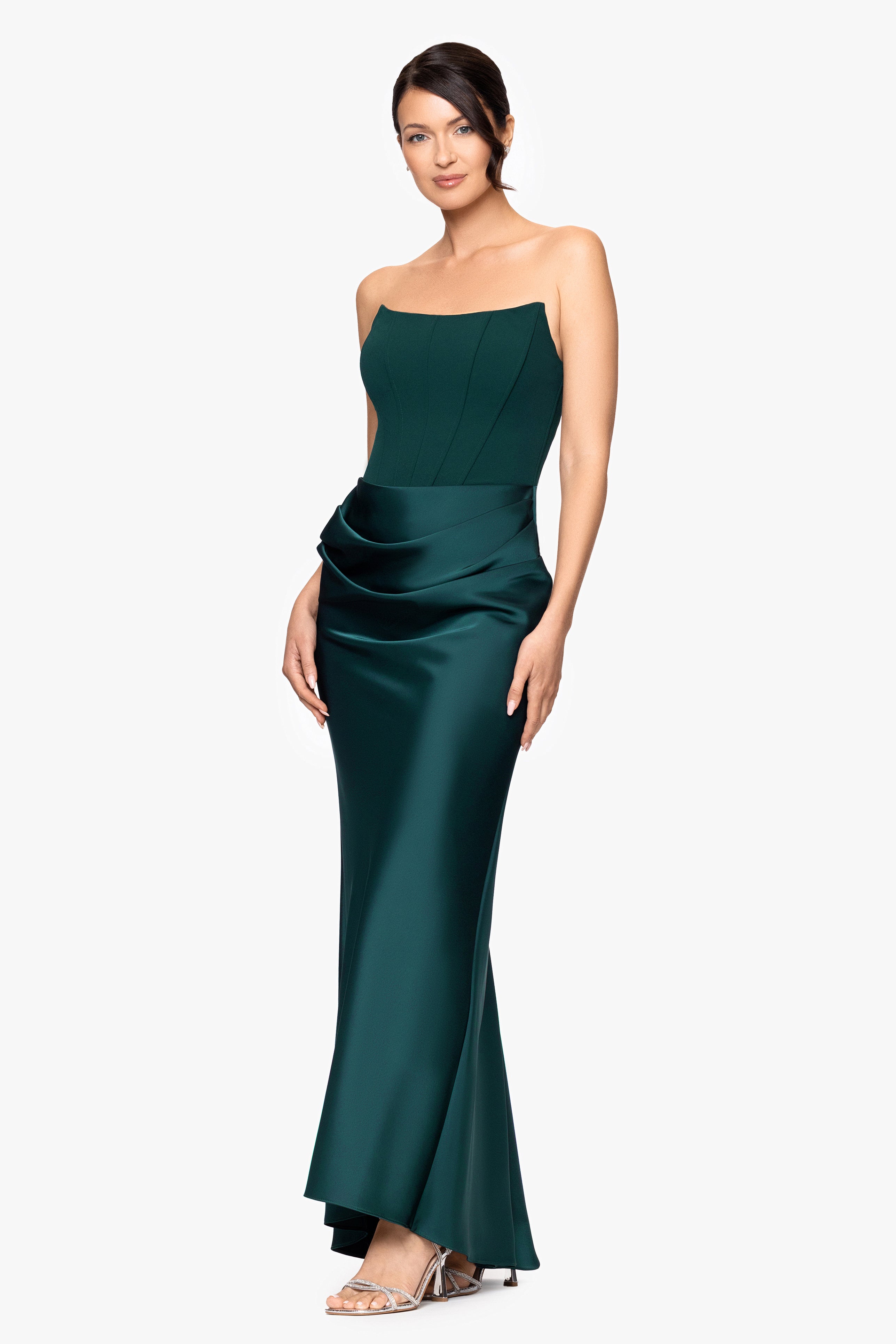 "Debra" Long Strapless Scuba Crepe and Satin Gown