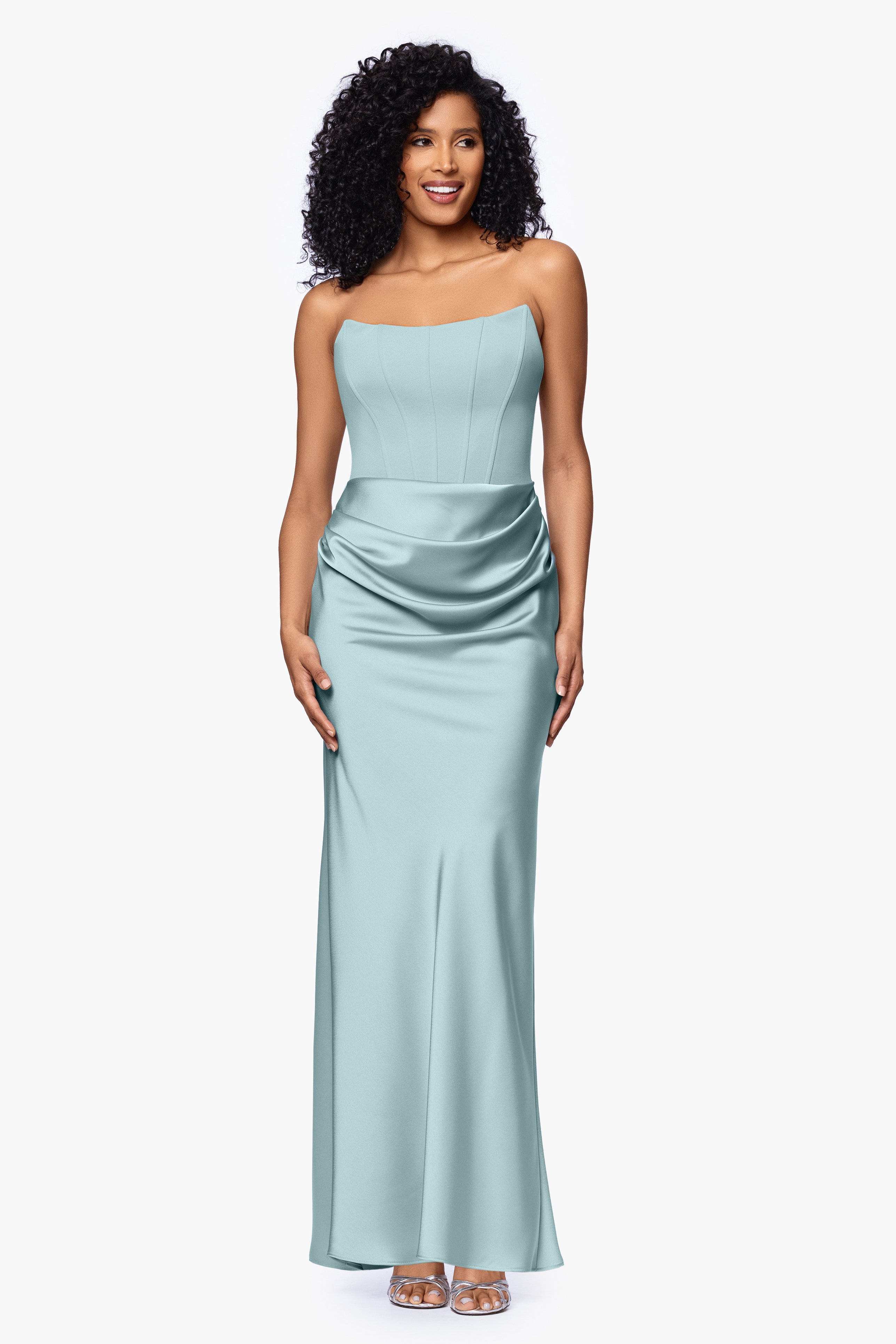 "Debra" Long Strapless Scuba Crepe and Satin Gown