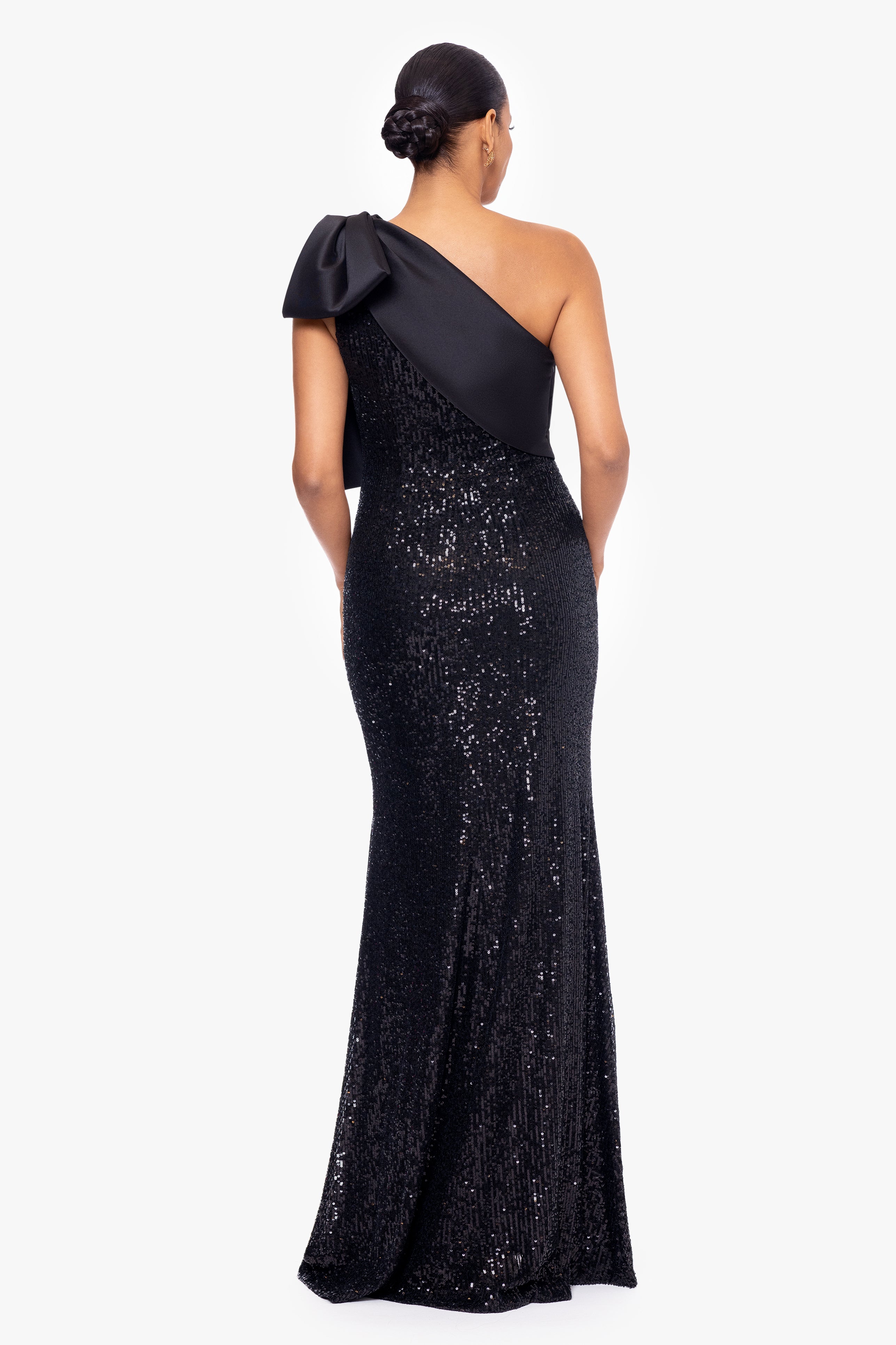 "Christy" Long Sequin Dress with Satin Bow