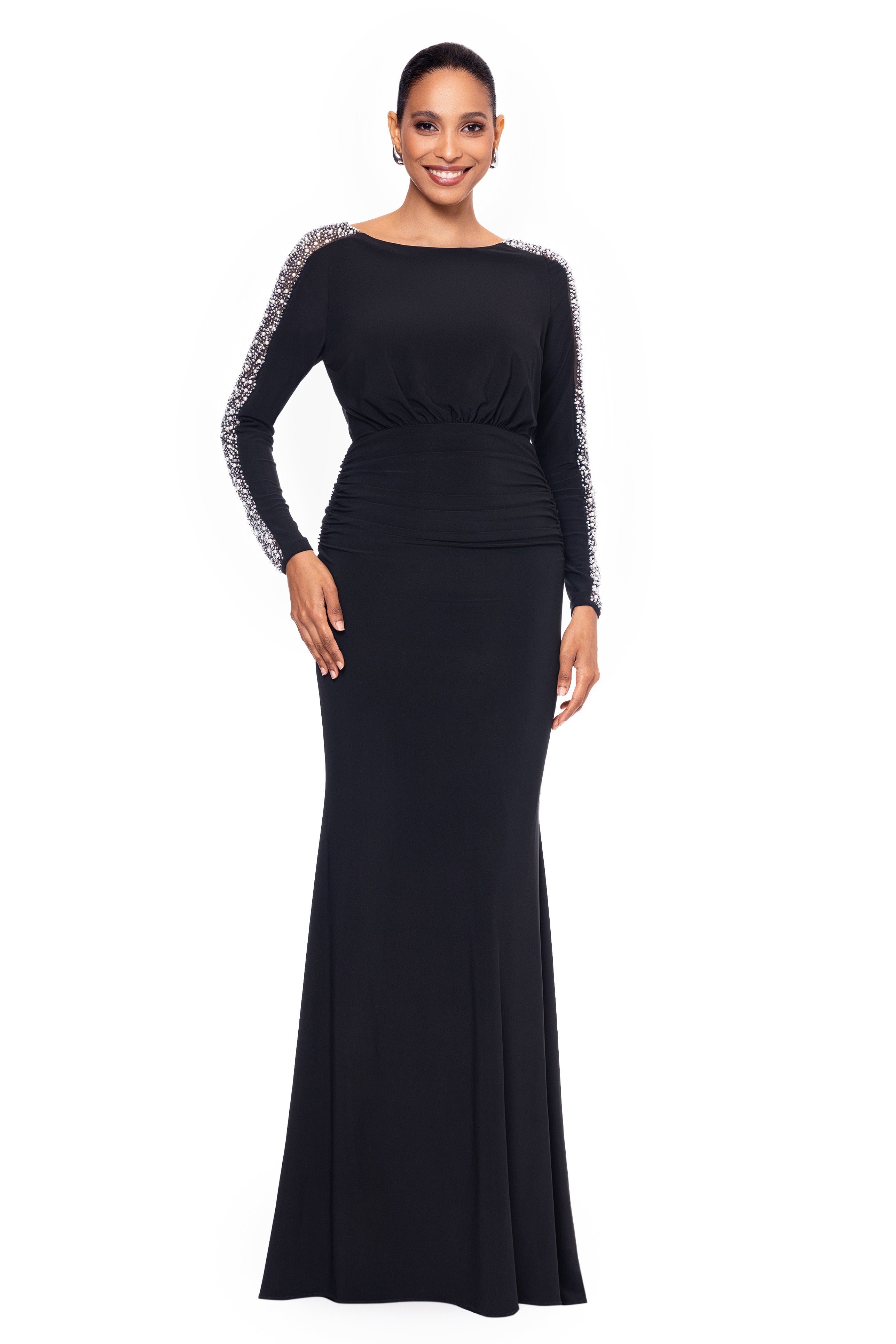 Petite "Ria" Jersey Knit Beaded Long Sleeve Floor Length Dress