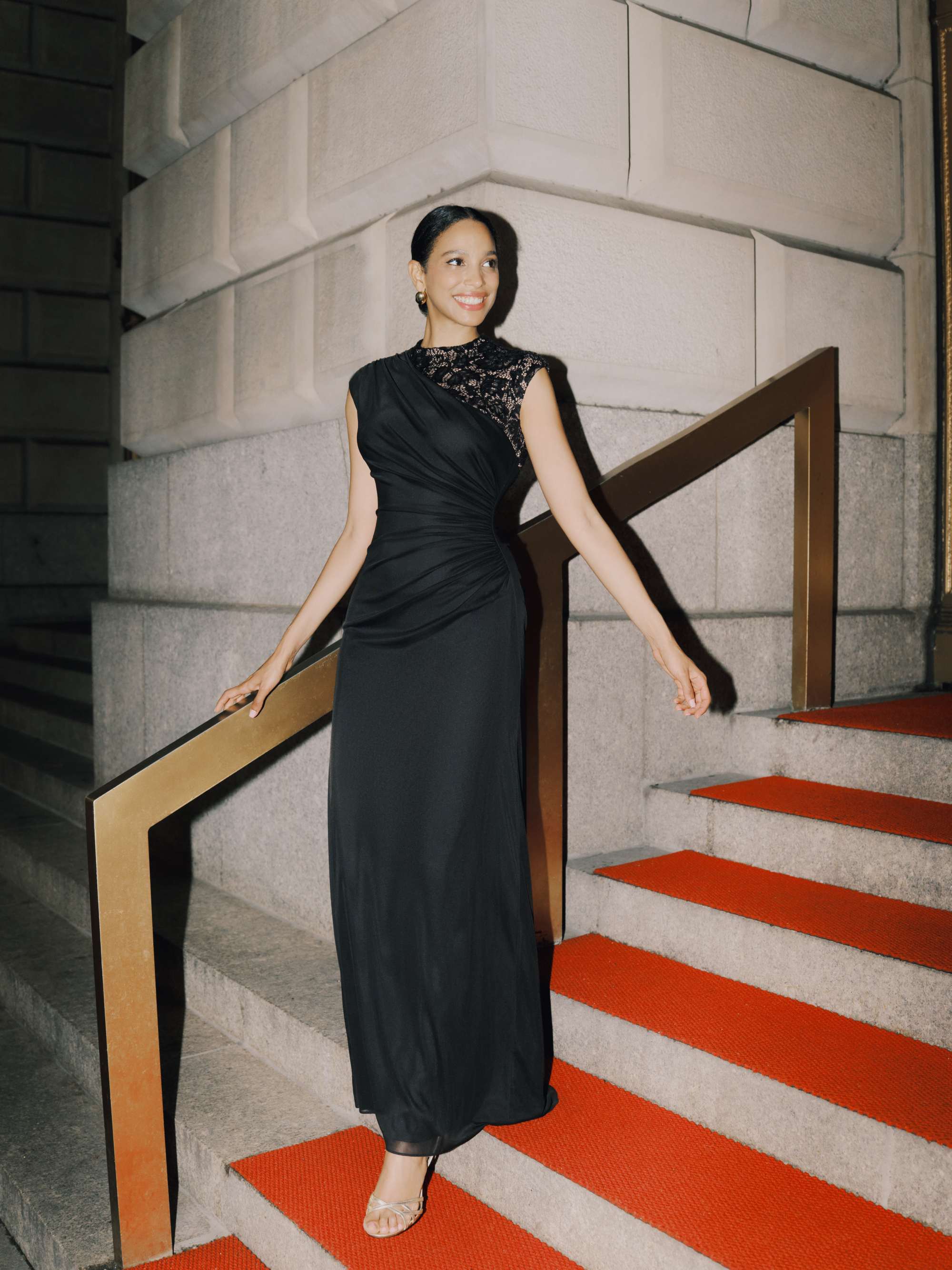 Petite "Dayna" Floor Length Sleeveless Sheer Matte Jersey Lack Neck Rouched Side Dress