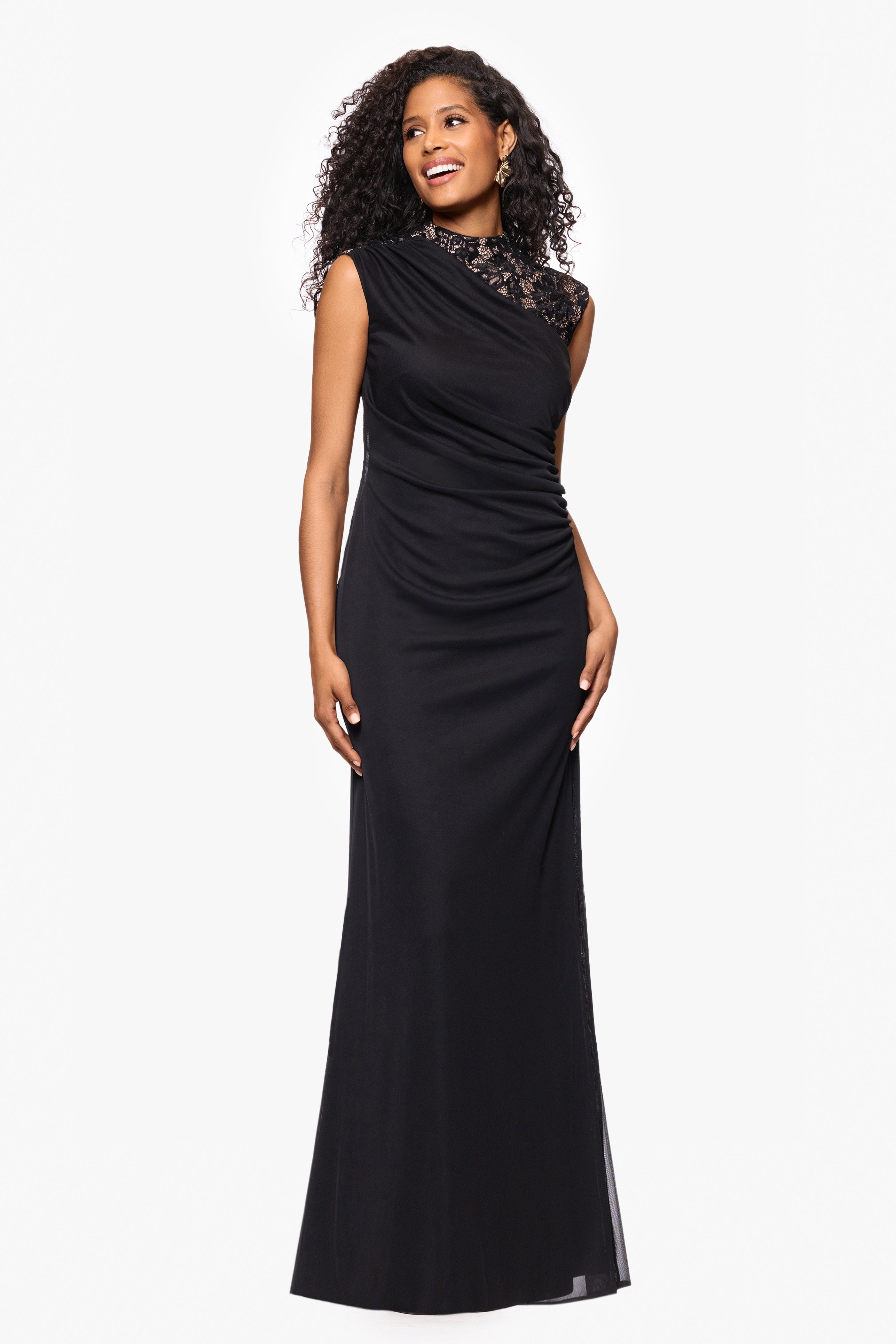 Petite “Dayna” Sheer Matte Jersey Knit Lace Neck Ruched Dress