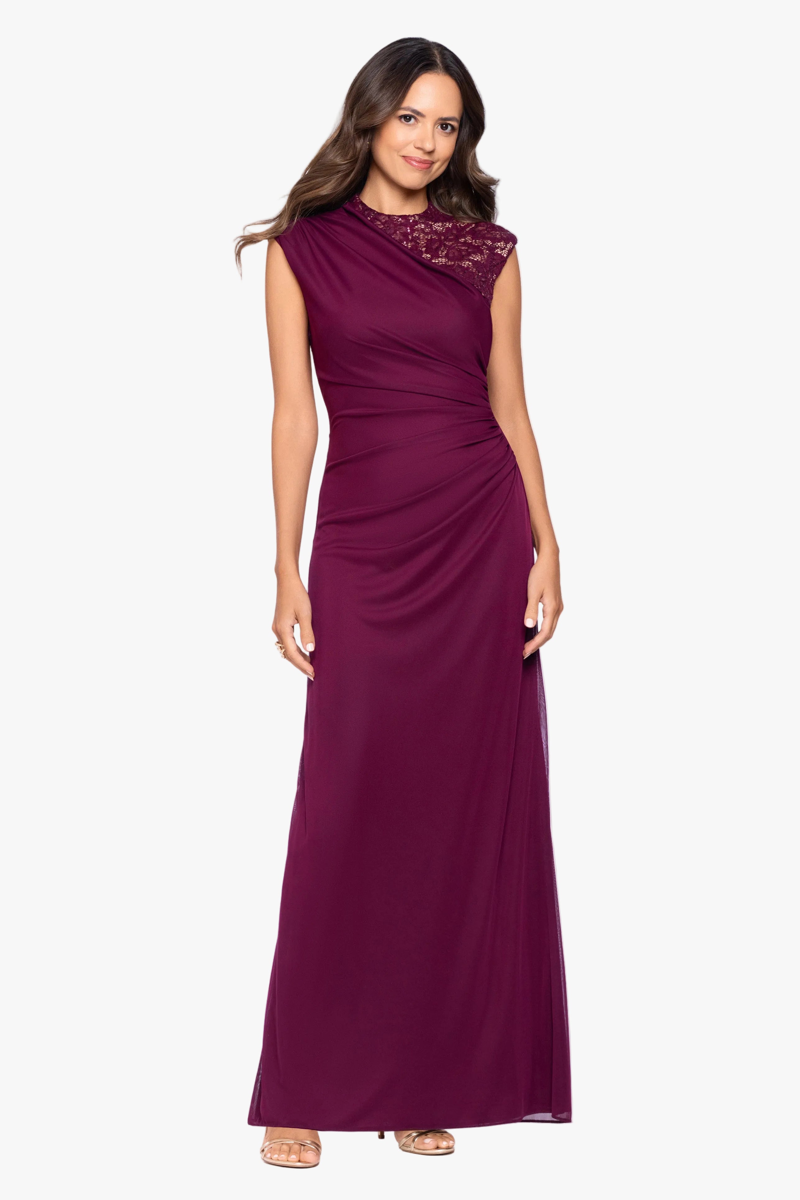 “Dayna” Sheer Matte Jersey Knit Lace Neck Ruched Dress