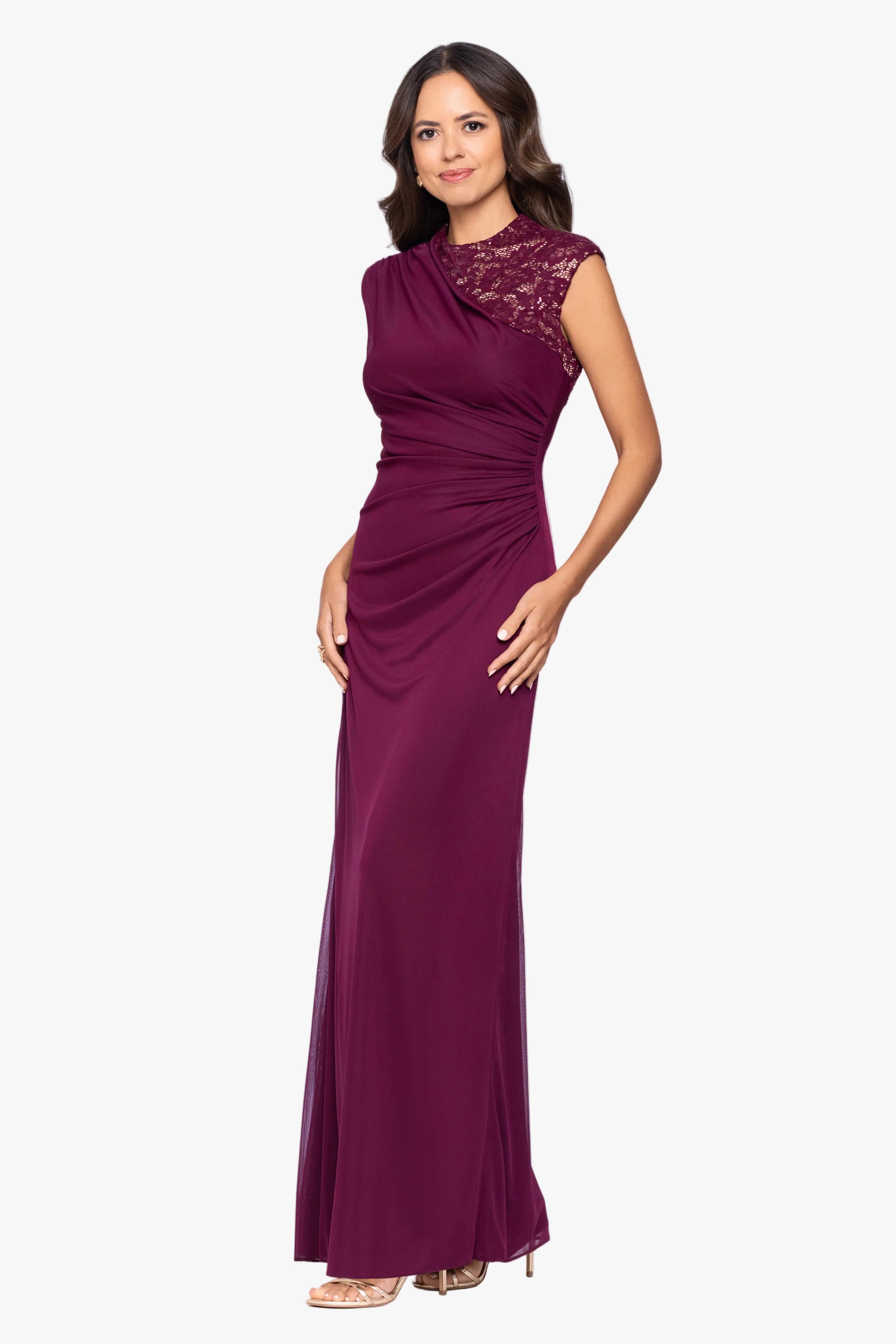“Dayna” Sheer Matte Jersey Knit Lace Neck Ruched Dress
