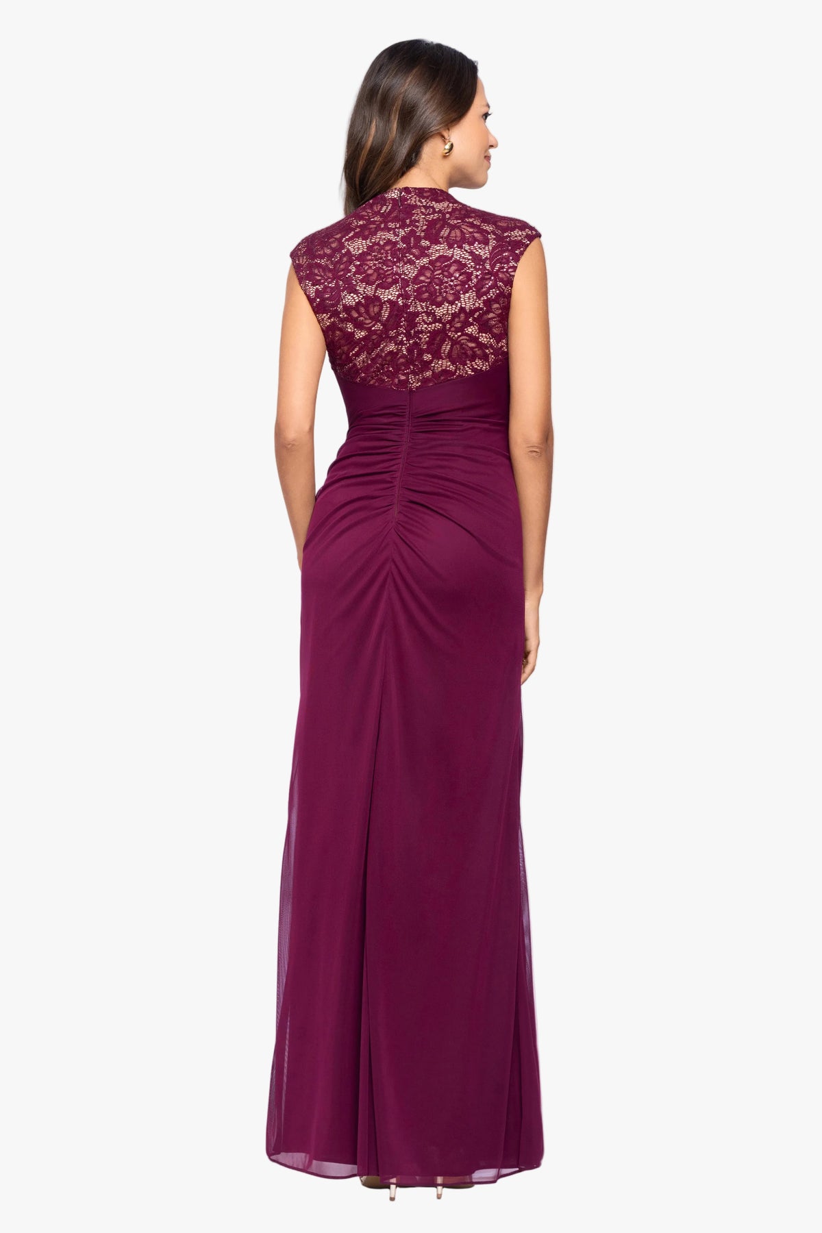 “Dayna” Sheer Matte Jersey Knit Lace Neck Ruched Dress