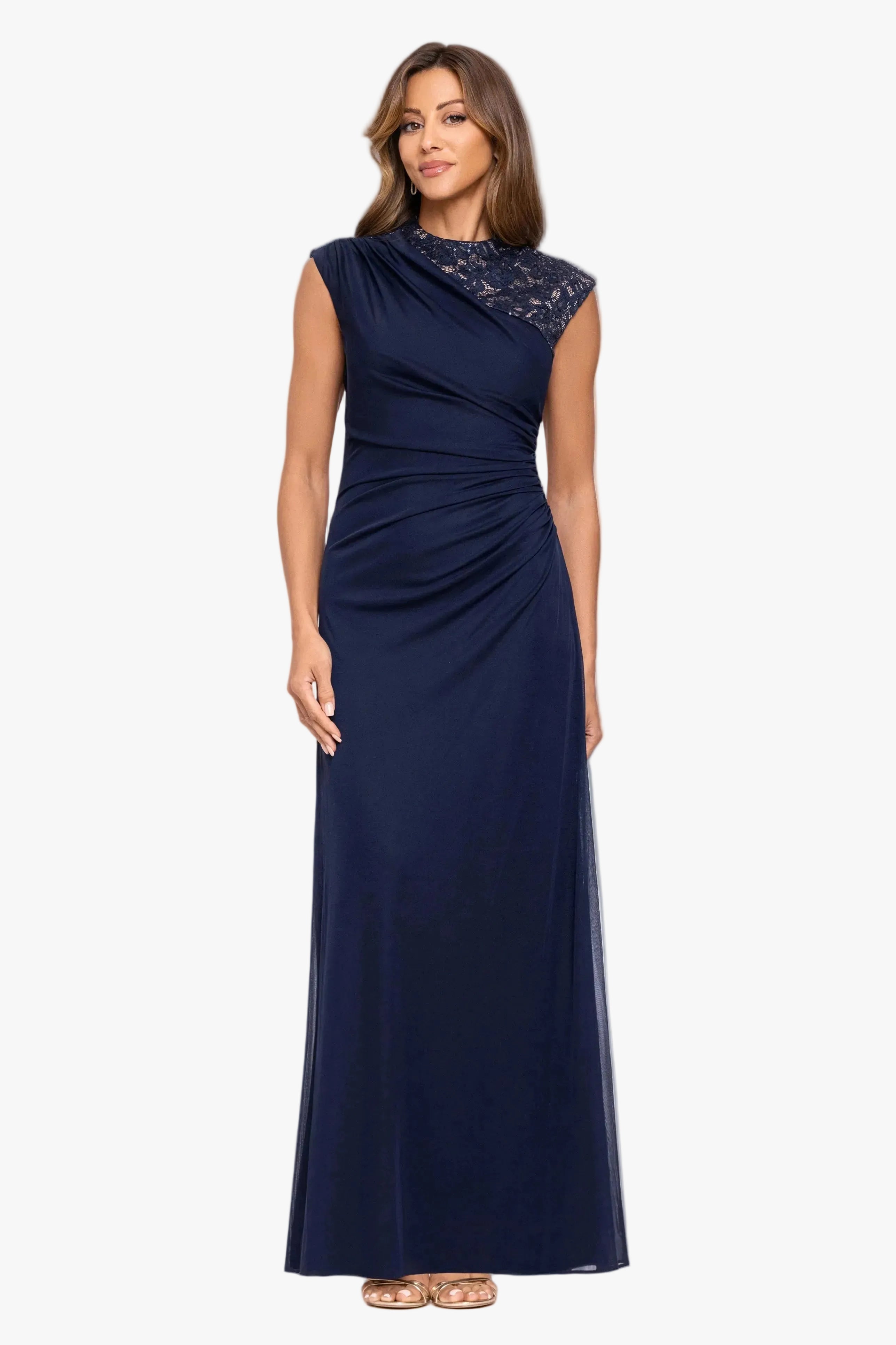 “Dayna” Sheer Matte Jersey Knit Lace Neck Ruched Dress