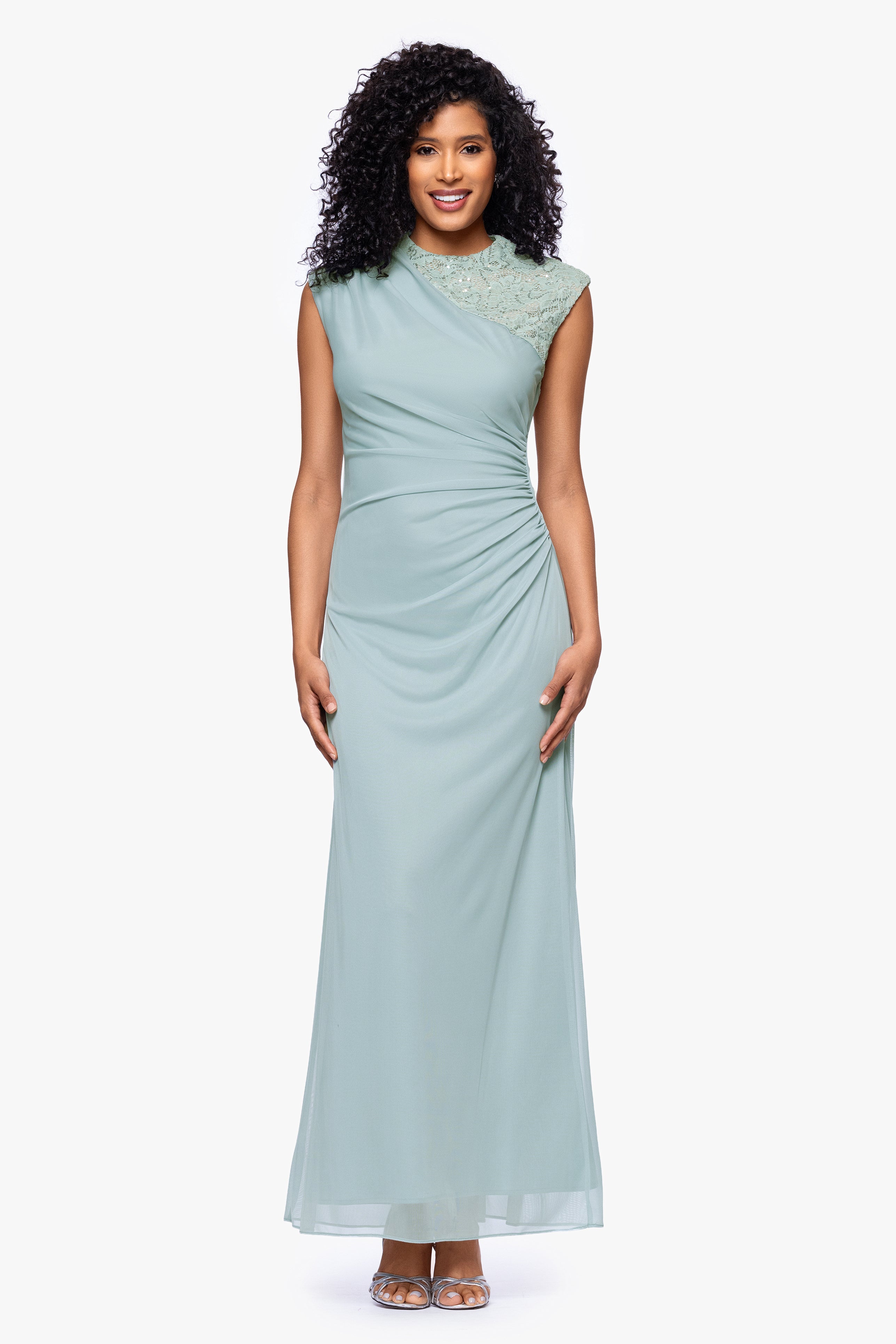 "Dayna" Floor Length Sleeveless Sheer Matte Jersey Lack Neck Rouched Side Dress