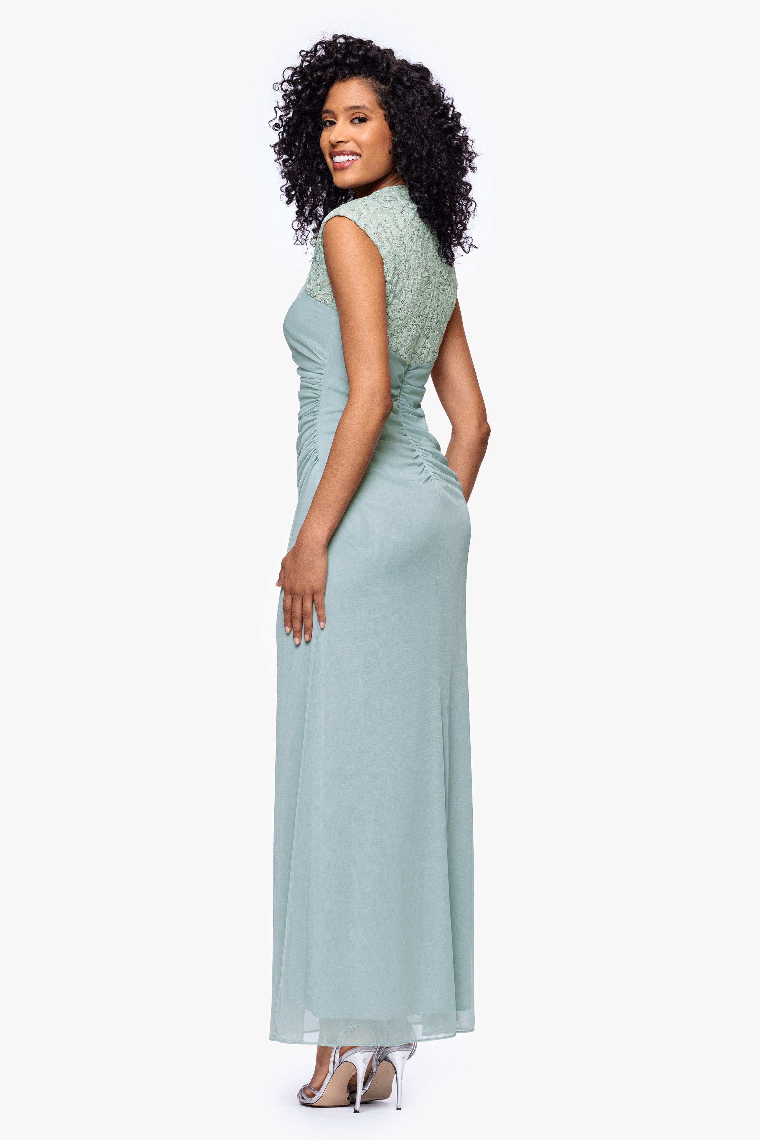 "Dayna" Floor Length Sleeveless Sheer Matte Jersey Lack Neck Rouched Side Dress
