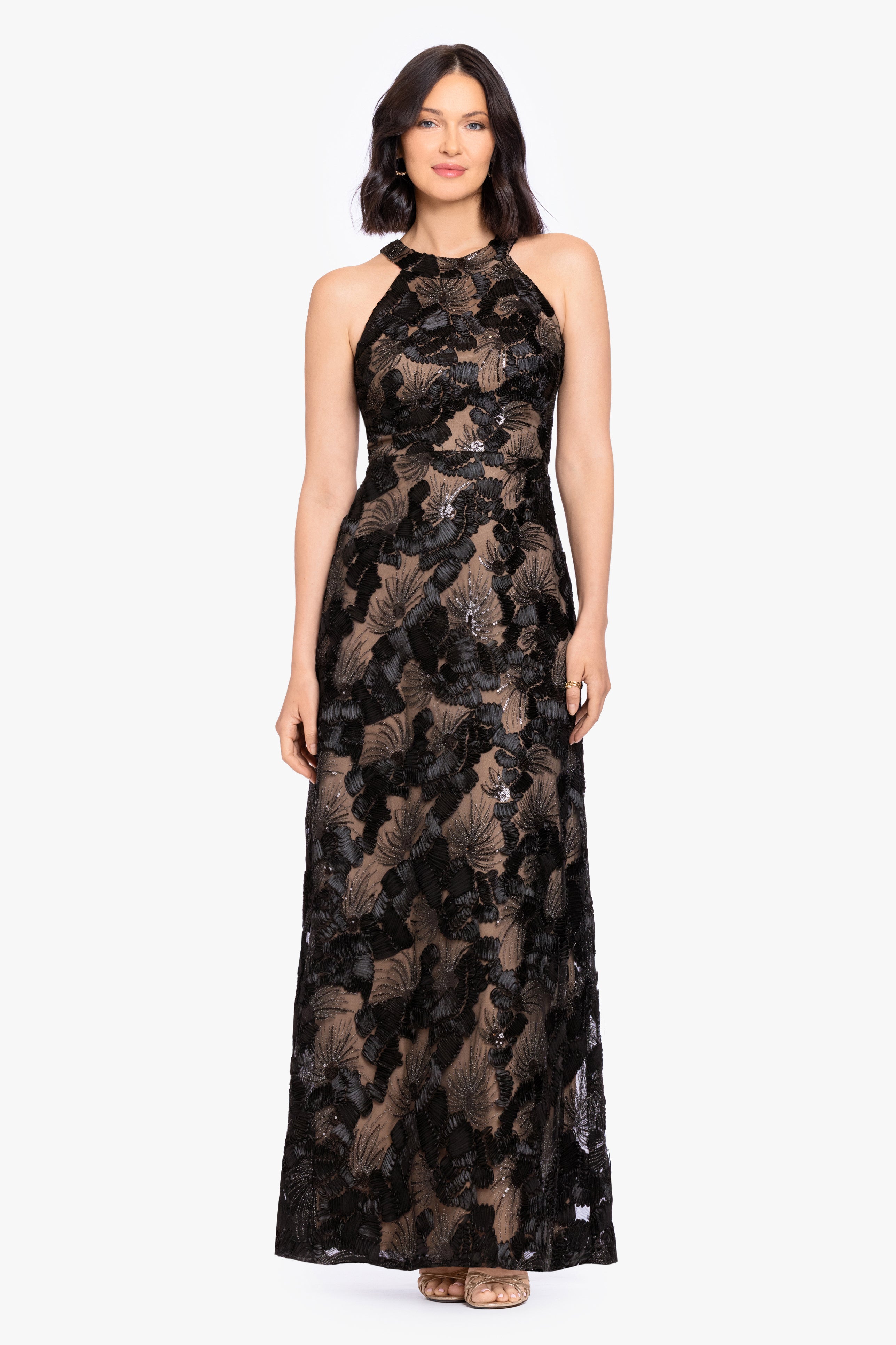 Fabiana” Soutache Sequin Halter Neck Dress | Betsy & Adam