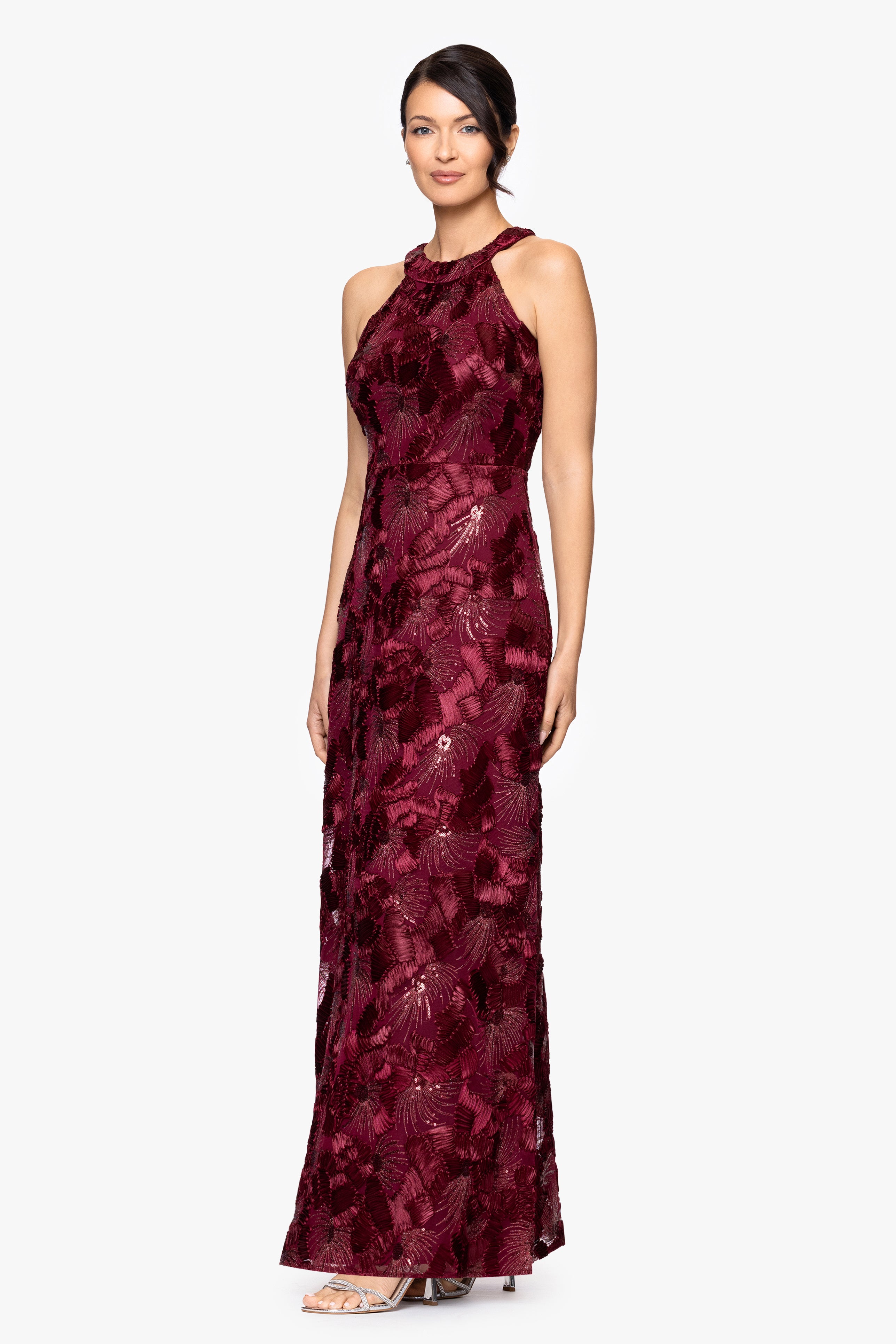 "Fabiana" Halter Neck Soutache and Sequin Floor Length Dress