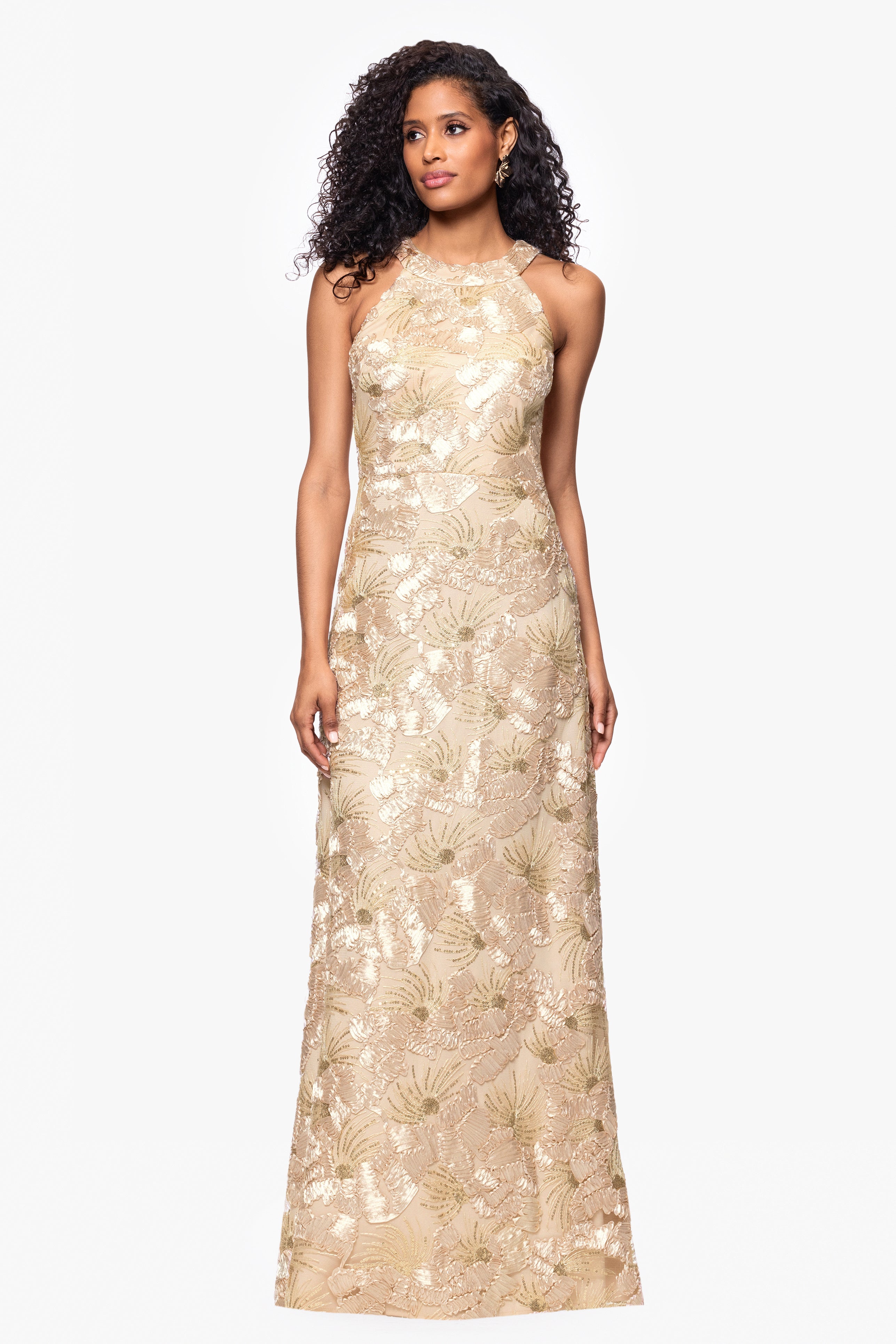“Fabiana” Soutache Sequin Halter Neck Dress