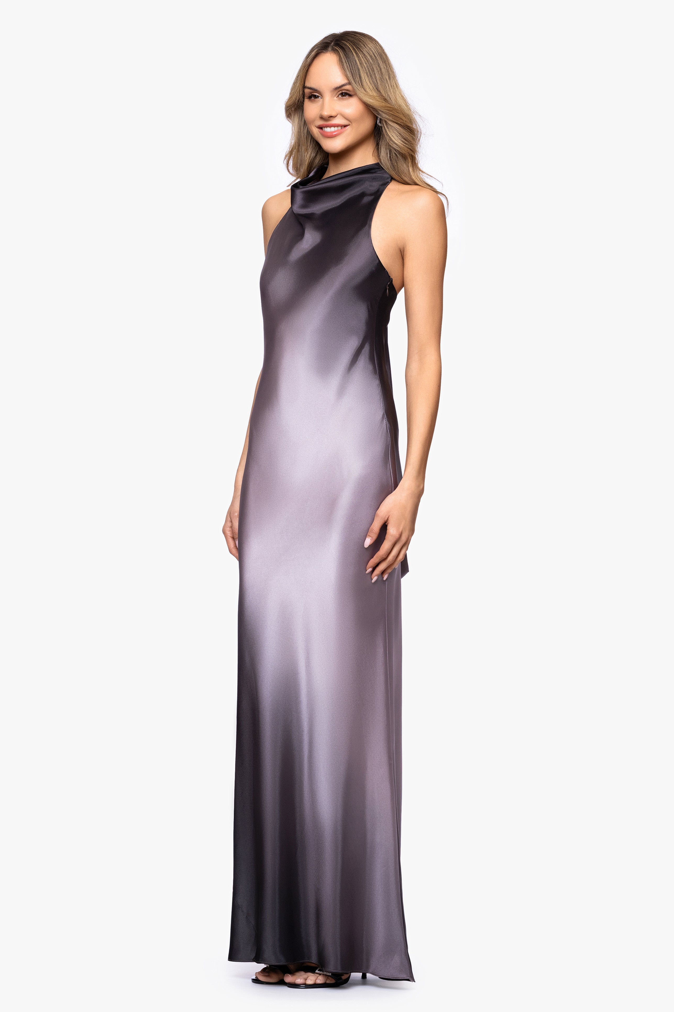 Betsy & Adam Women's Ombre Sleeveless Draped Halter Gown - Navy/Teal - 12 Betsy & Adam Women's Ombre Sleeveless Draped Halter Gown - Navy/Teal - 12