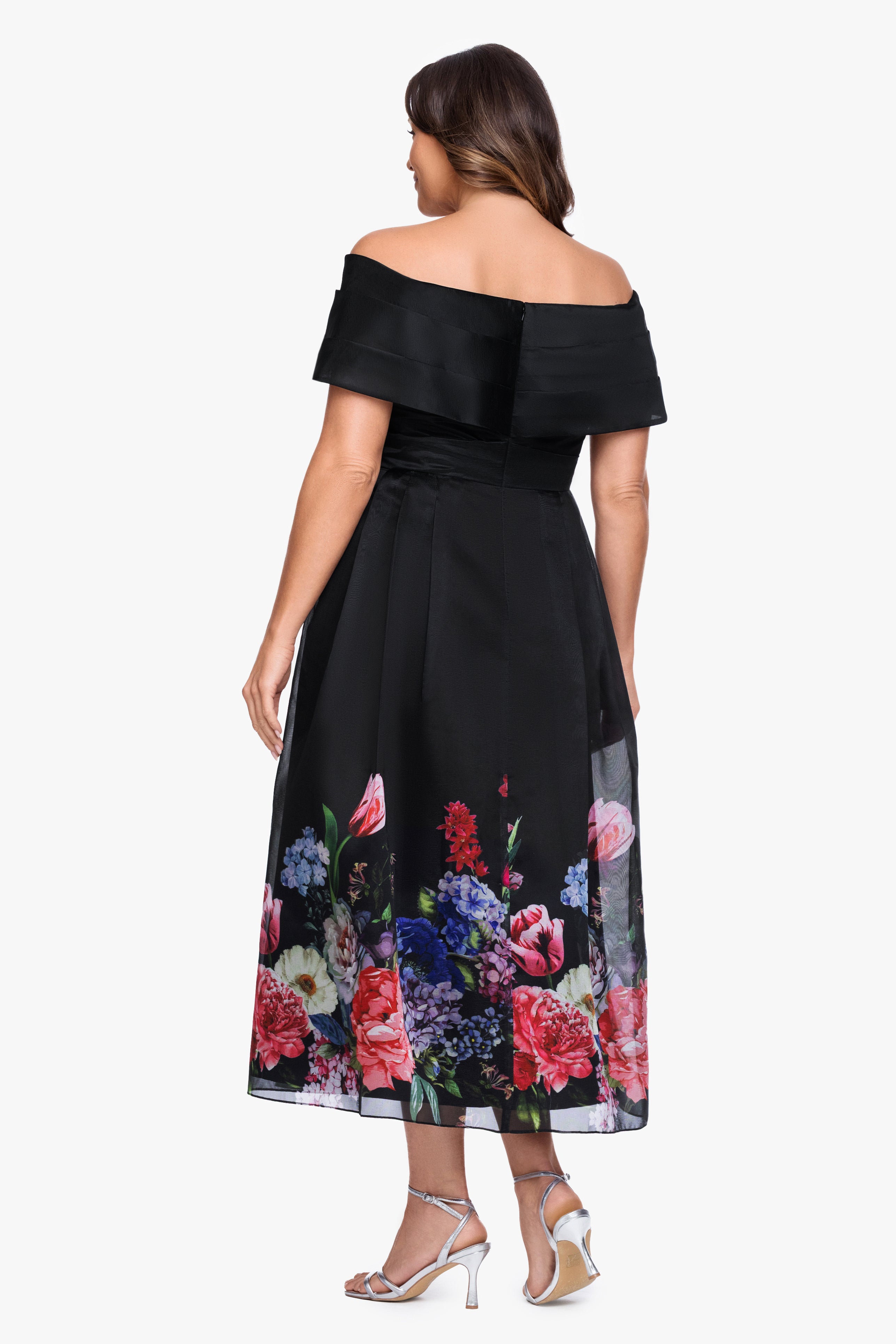 Plus "Tabitha" Organza Print Off the Shoulder Midi Dress