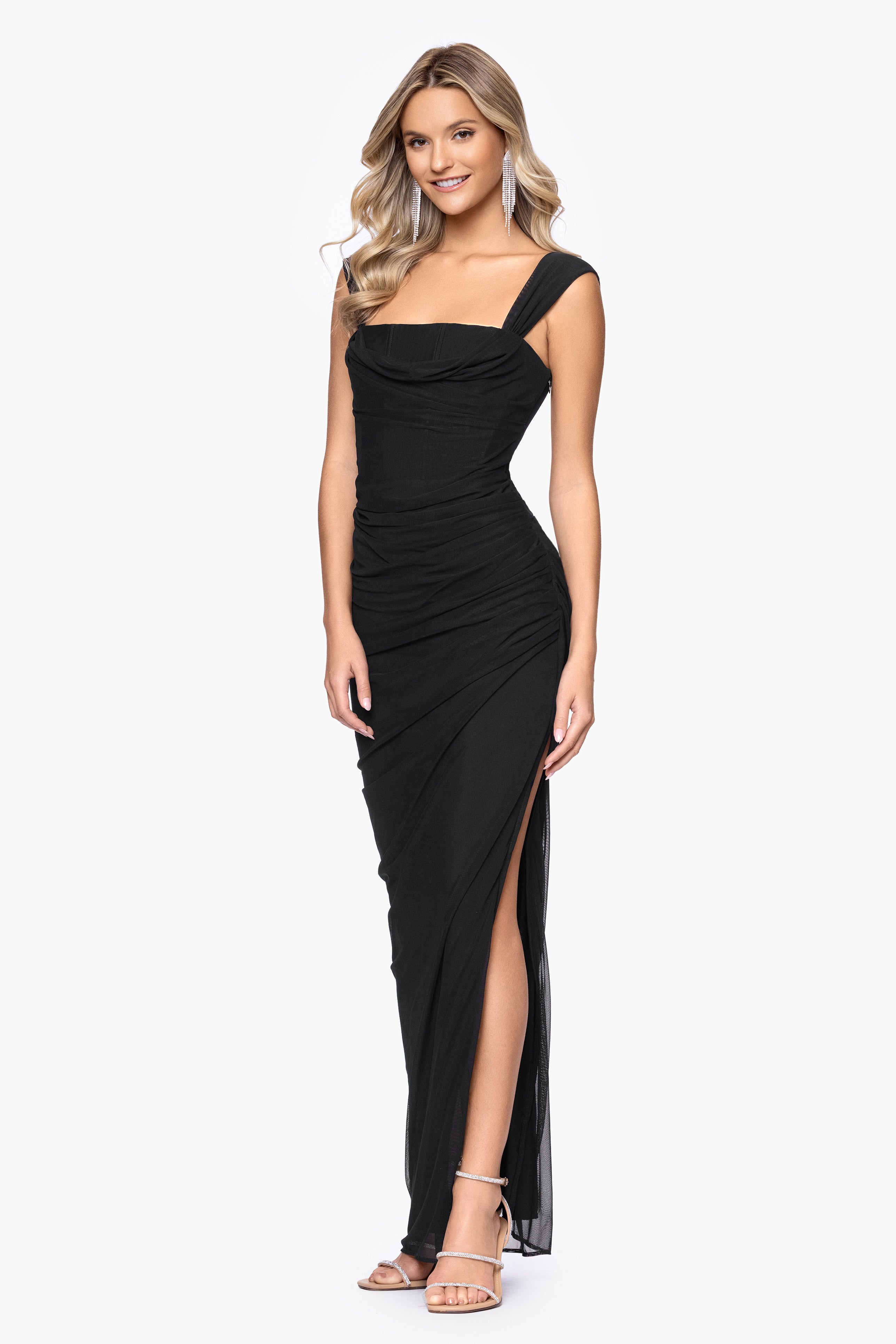 "Janice" Mesh Square Neck Floor Length Dress