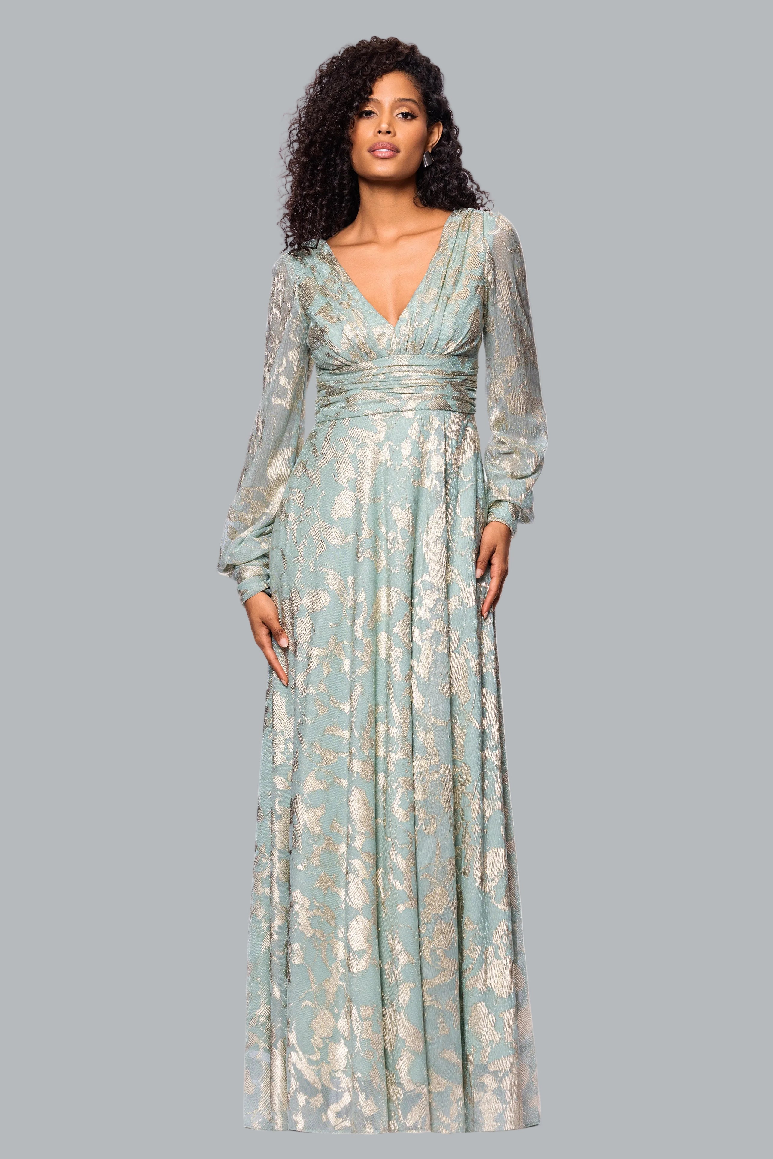 Betsy & Adam Women's Metallic V-Neck Ruched-Waist Gown - Sage/Gold