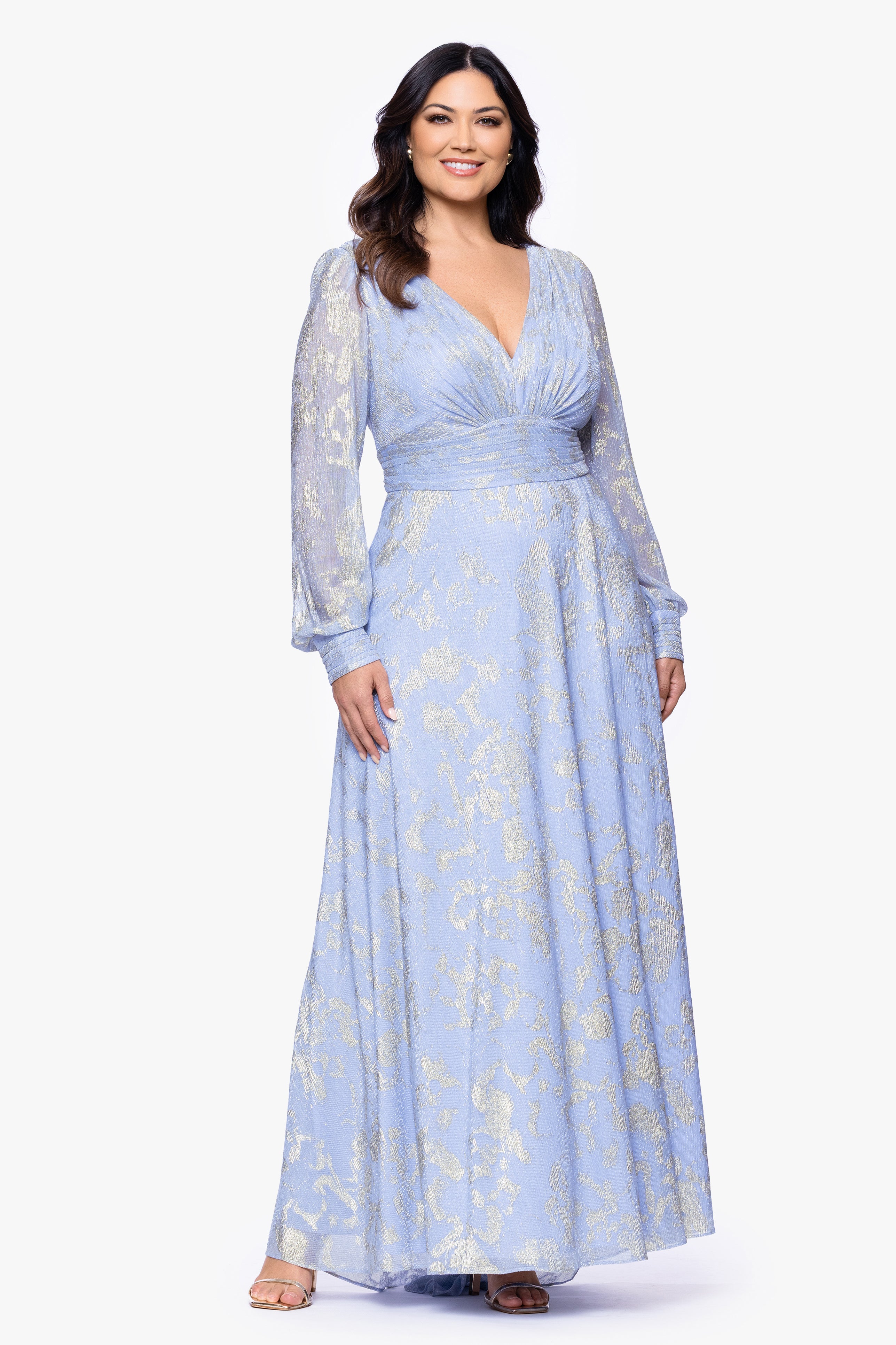 Plus "Melanie" Foil Knit V-Neck Long Sleeve Floor Length Dress