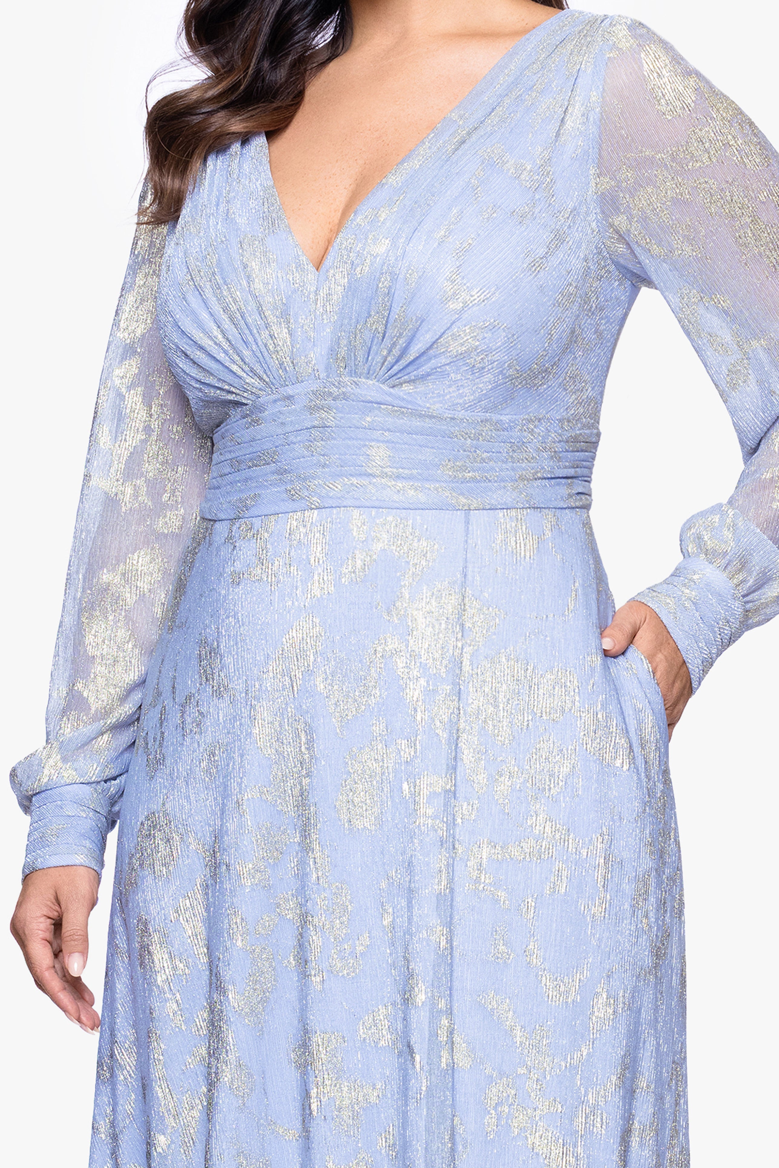 Plus "Melanie" Foil Knit V-Neck Long Sleeve Floor Length Dress