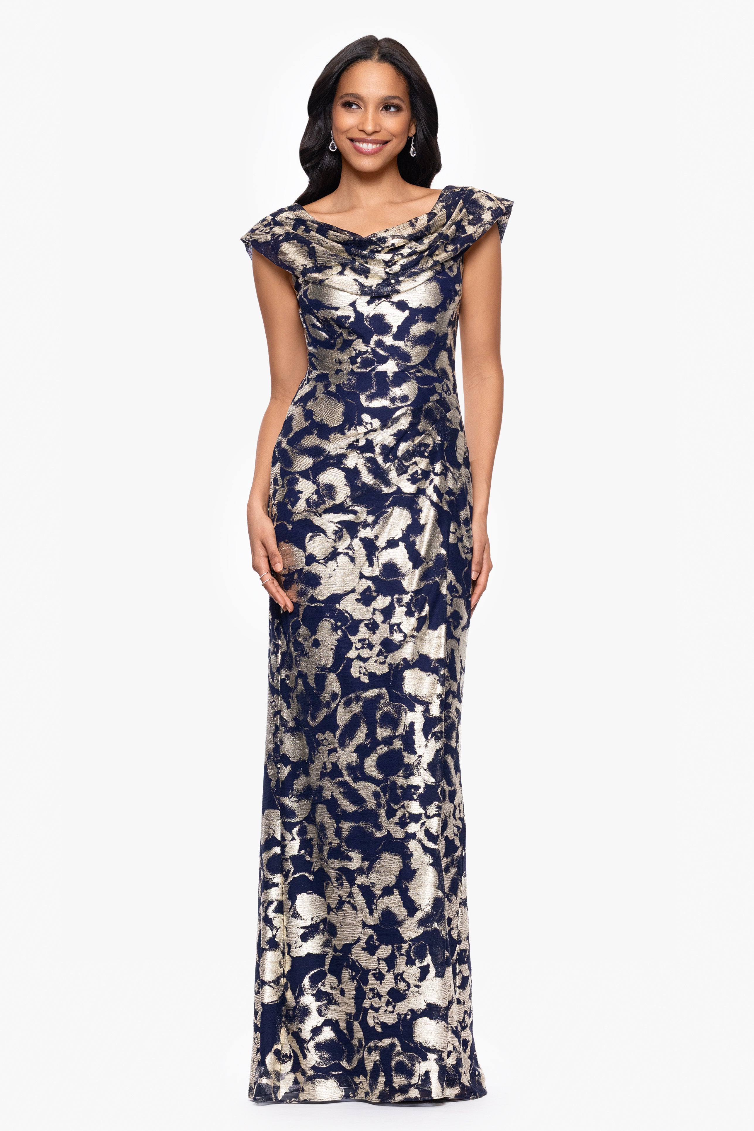 Petite "Bianca" Metallic Cowl Neck Dress