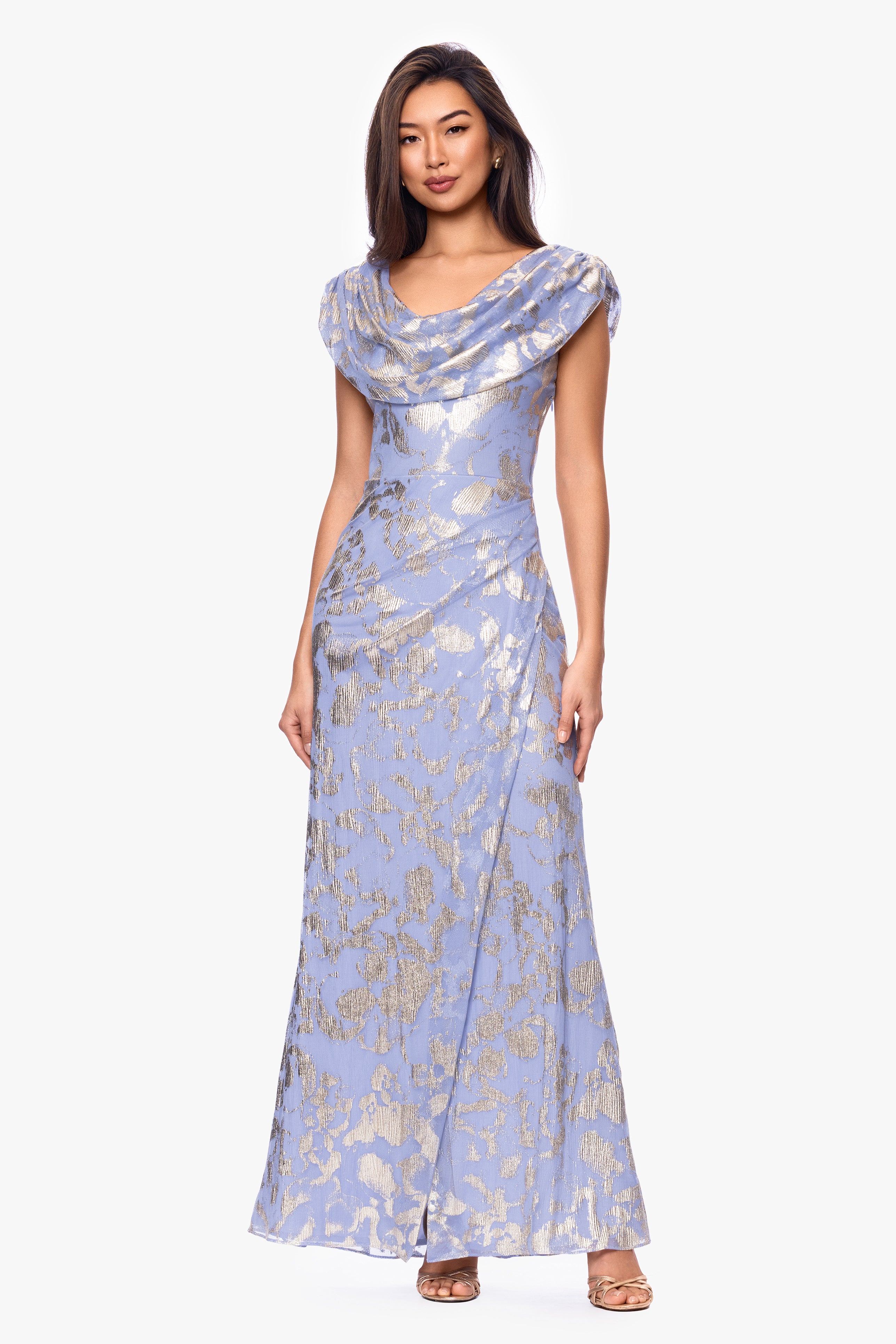 "Bianca" Metallic Cowl Neck Floor Length Dress