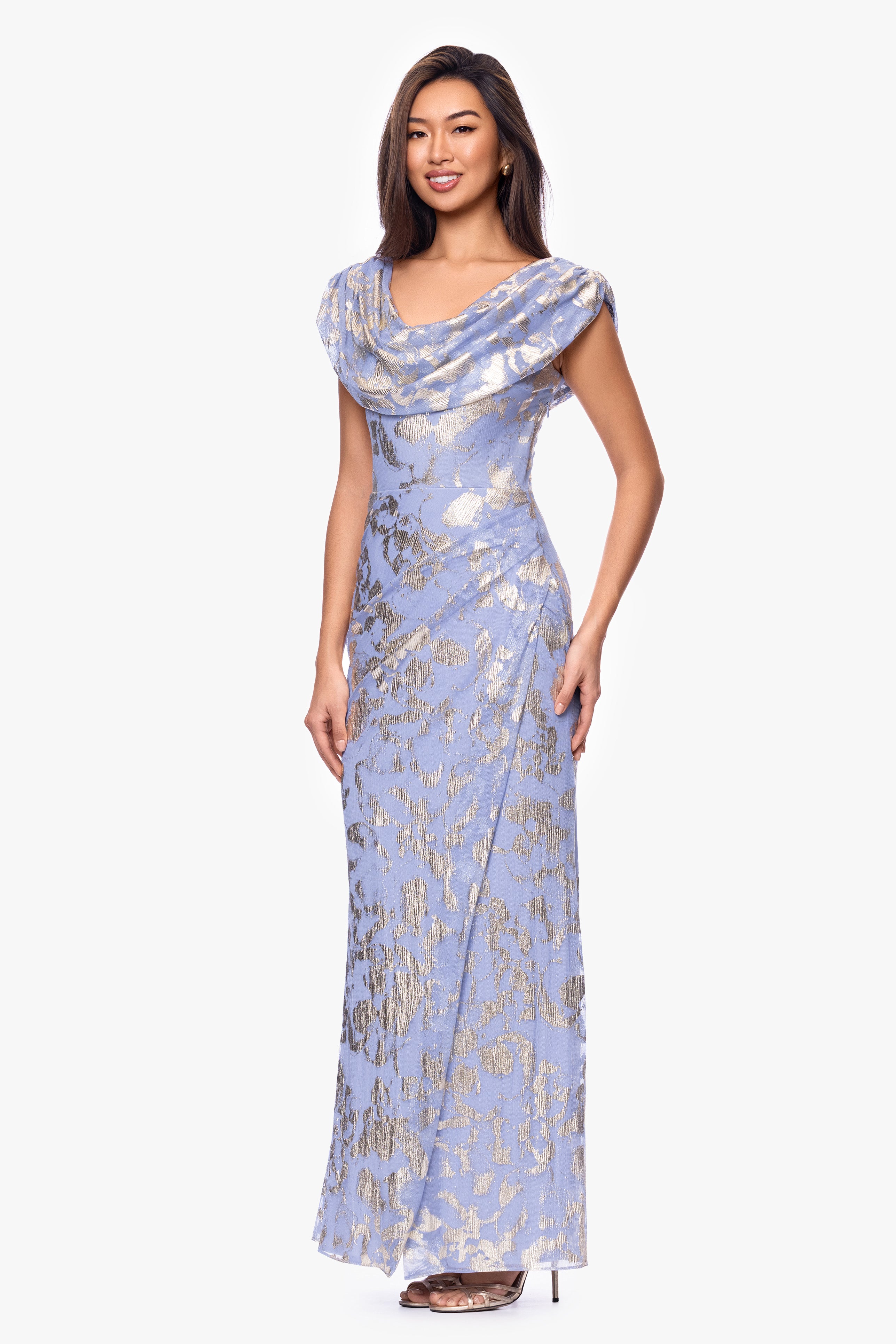 "Bianca" Metallic Cowl Neck Floor Length Dress