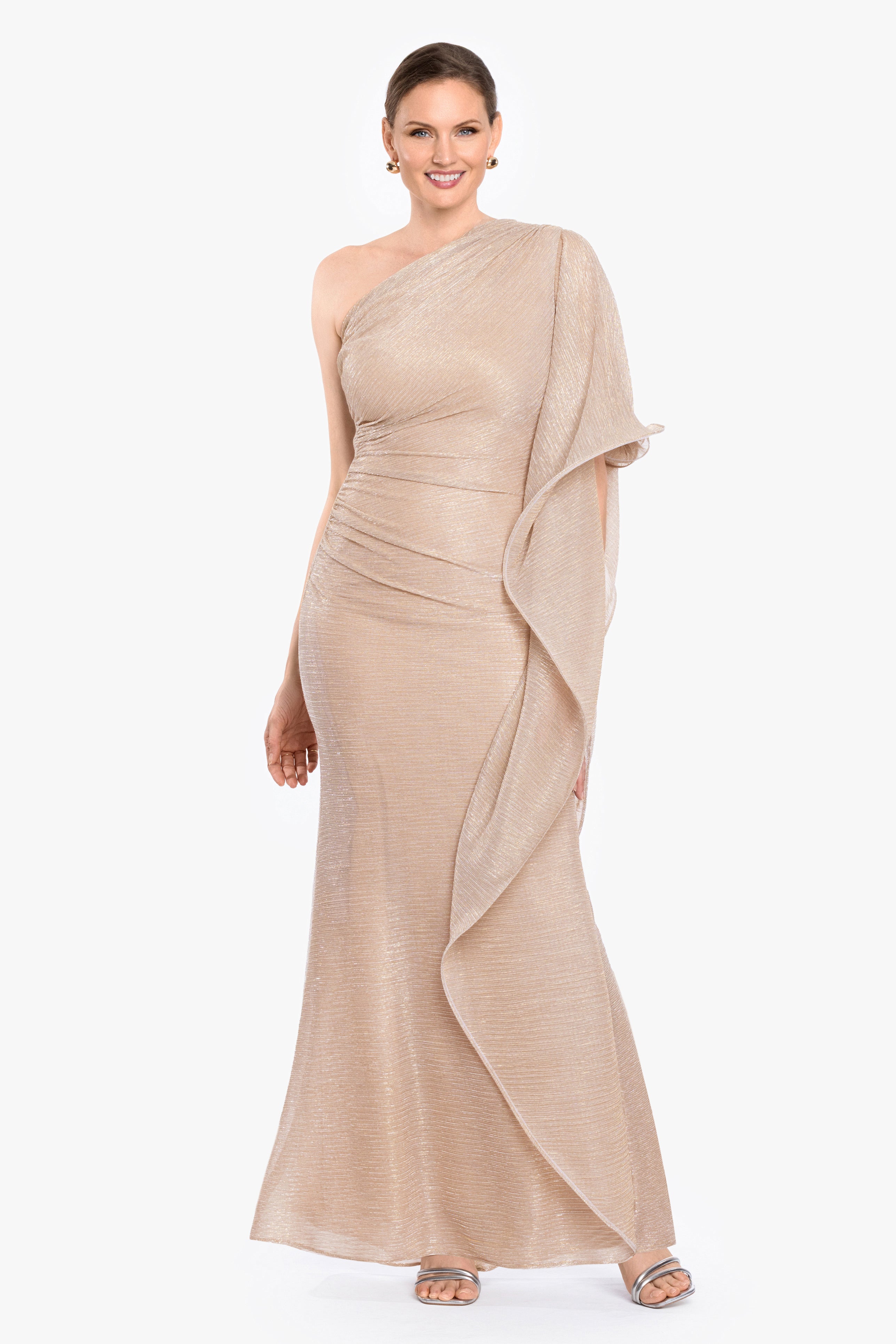 "Graclyn" Metallic Galaxy One Shoulder Side Ruffle Long Dress
