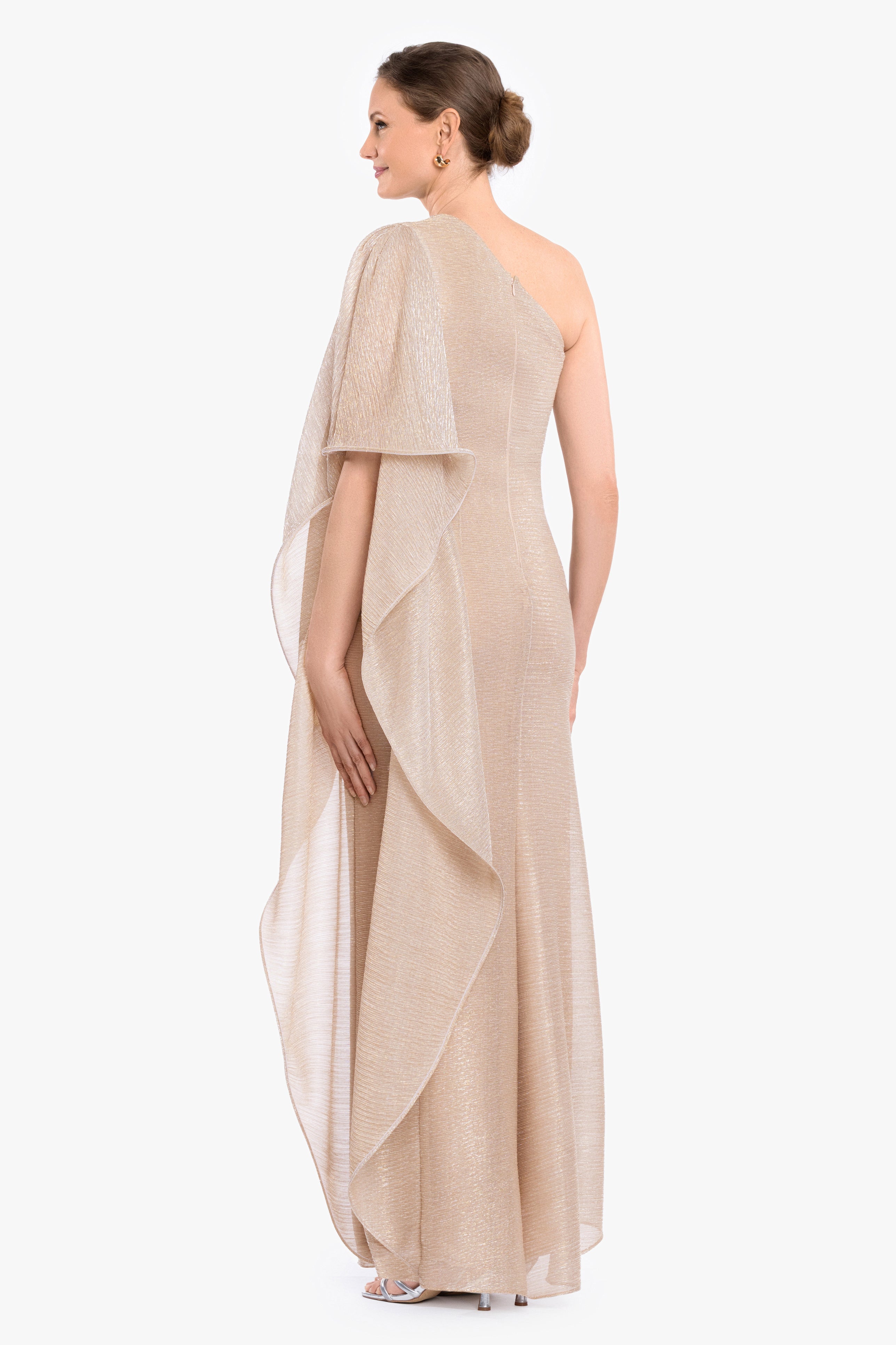 “Graclyn” Metallic One Shoulder Side Ruffle Dress
