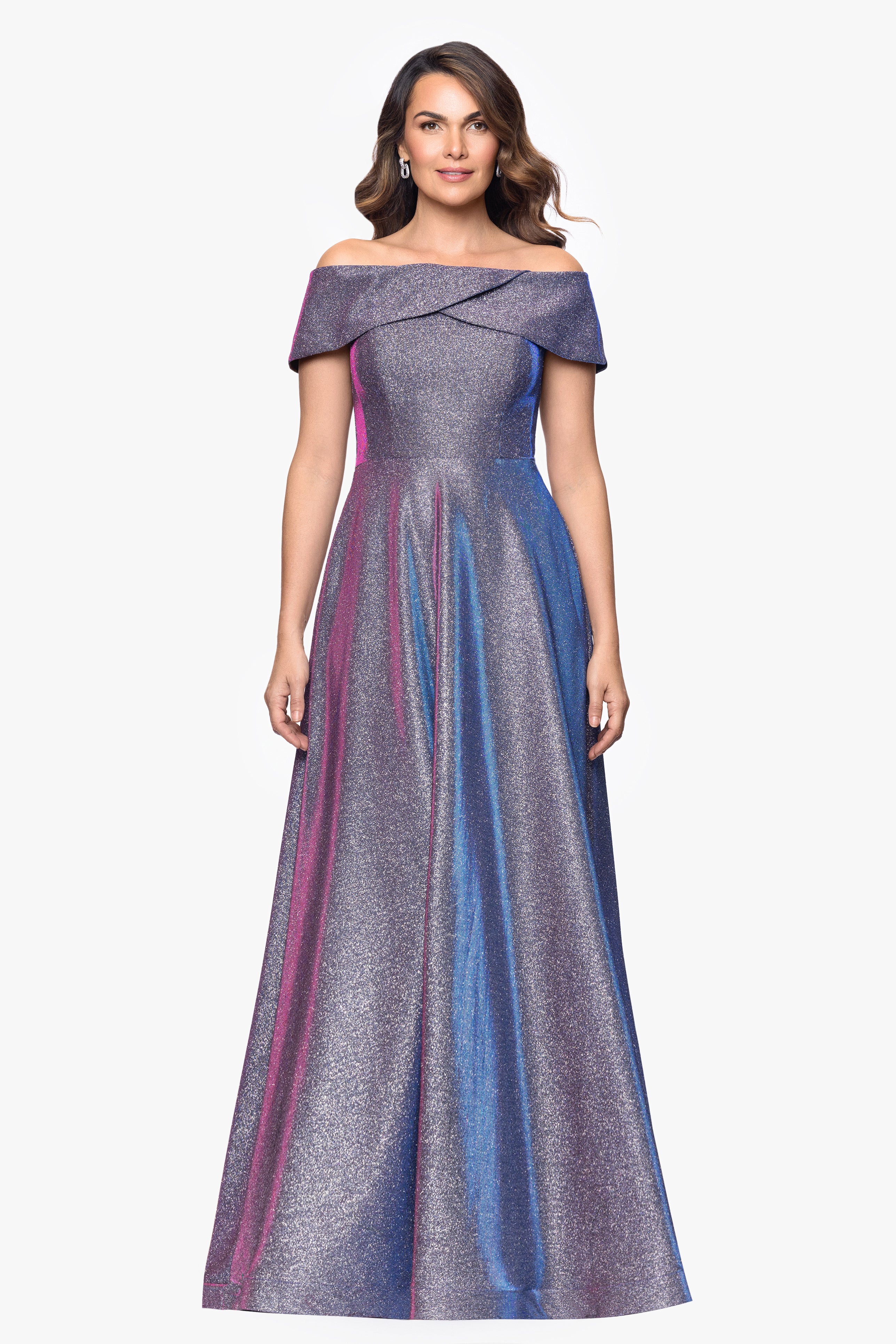 "Kendra" Galaxy Glitter Off the Shoulder Floor Length Gown