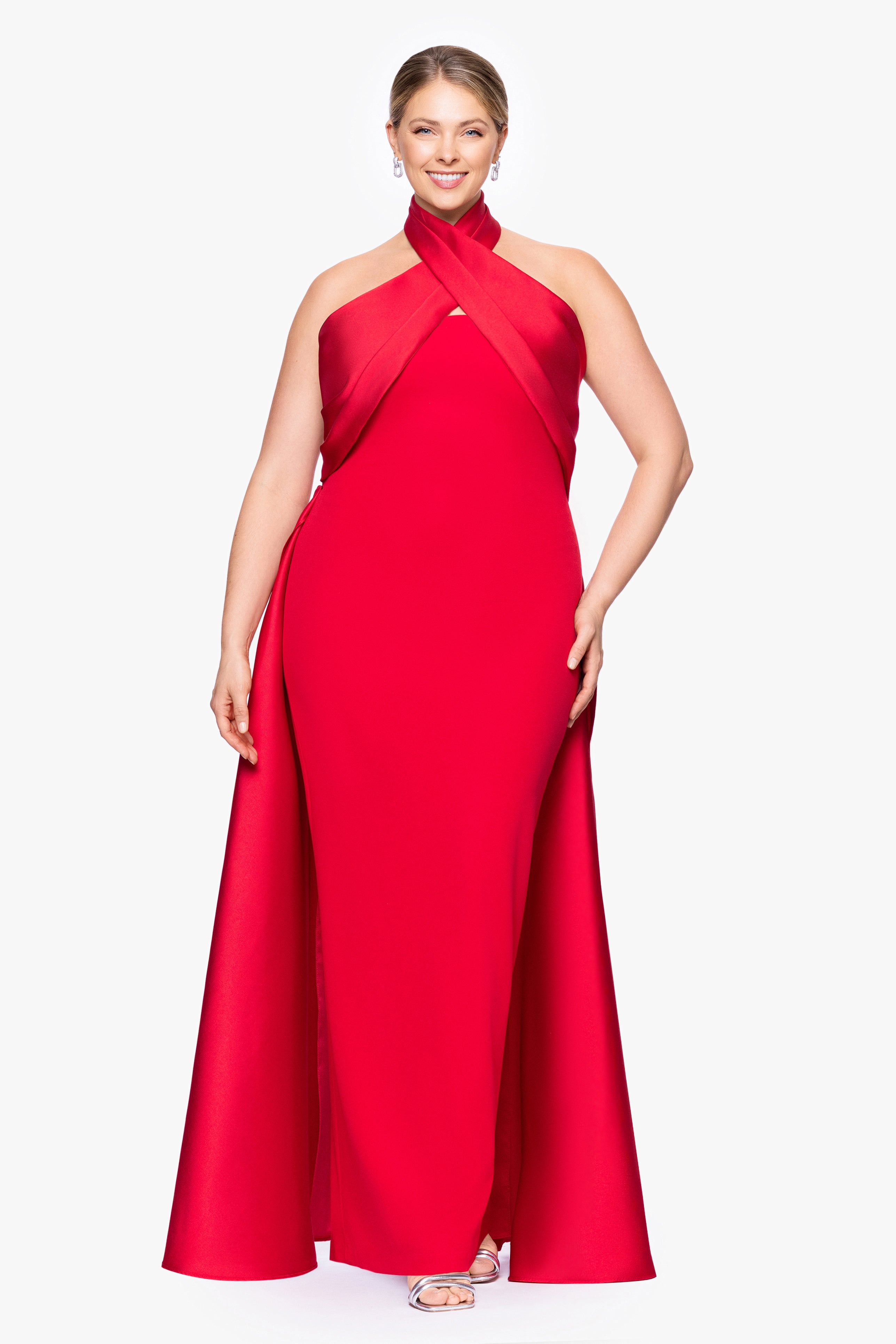 "Dina" Scuba Crepe Twist Halter Neck Floor Length Gown