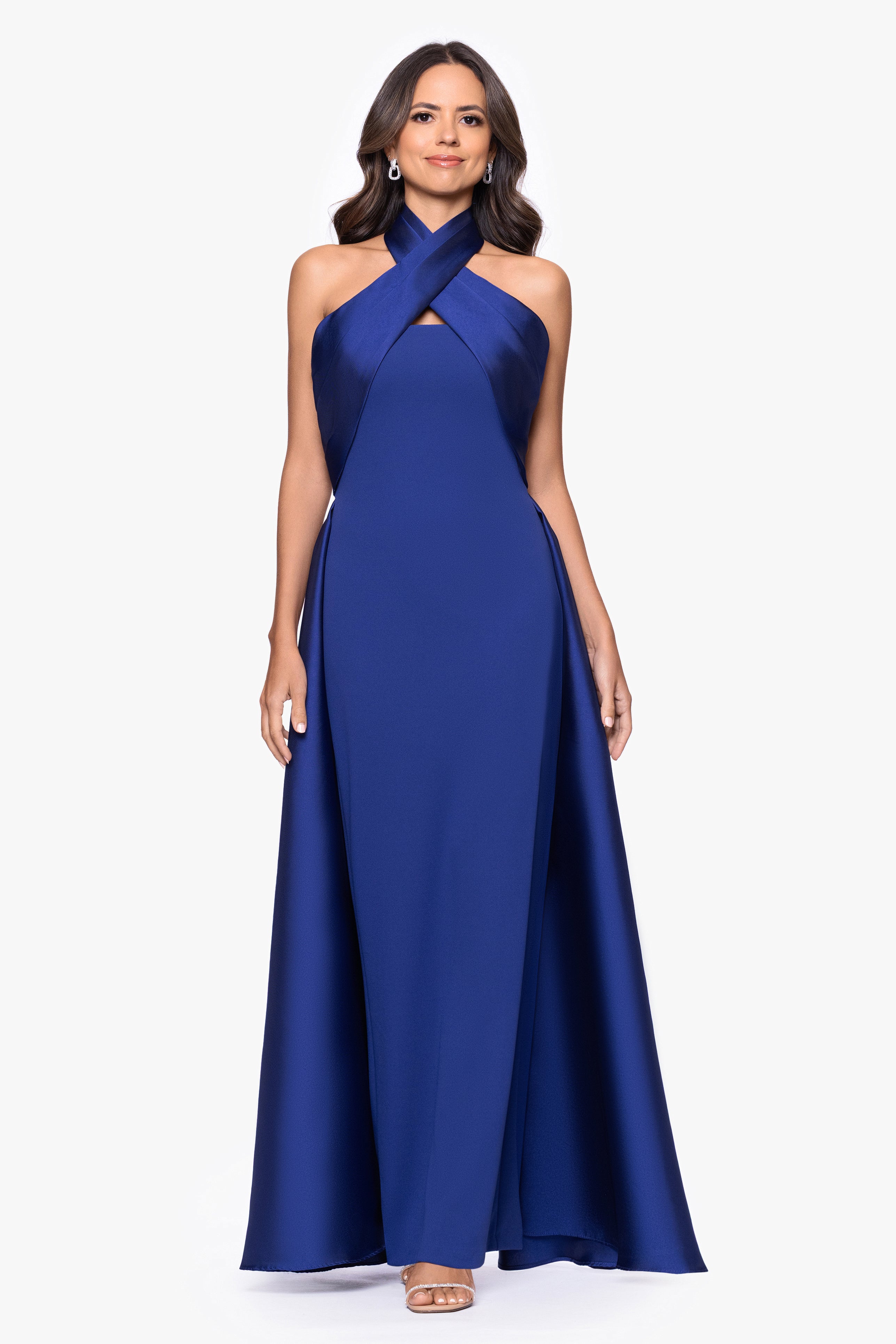 "Dina" Scuba Crepe Twist Halter Neck Floor Length Gown
