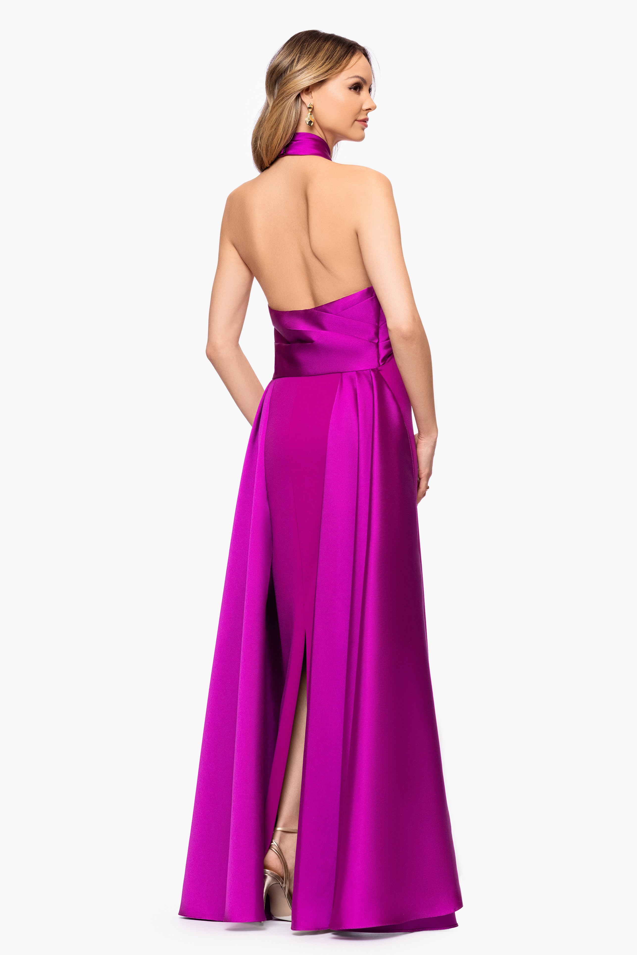 "Dina" Scuba Crepe Twist Halter Neck Floor Length Gown