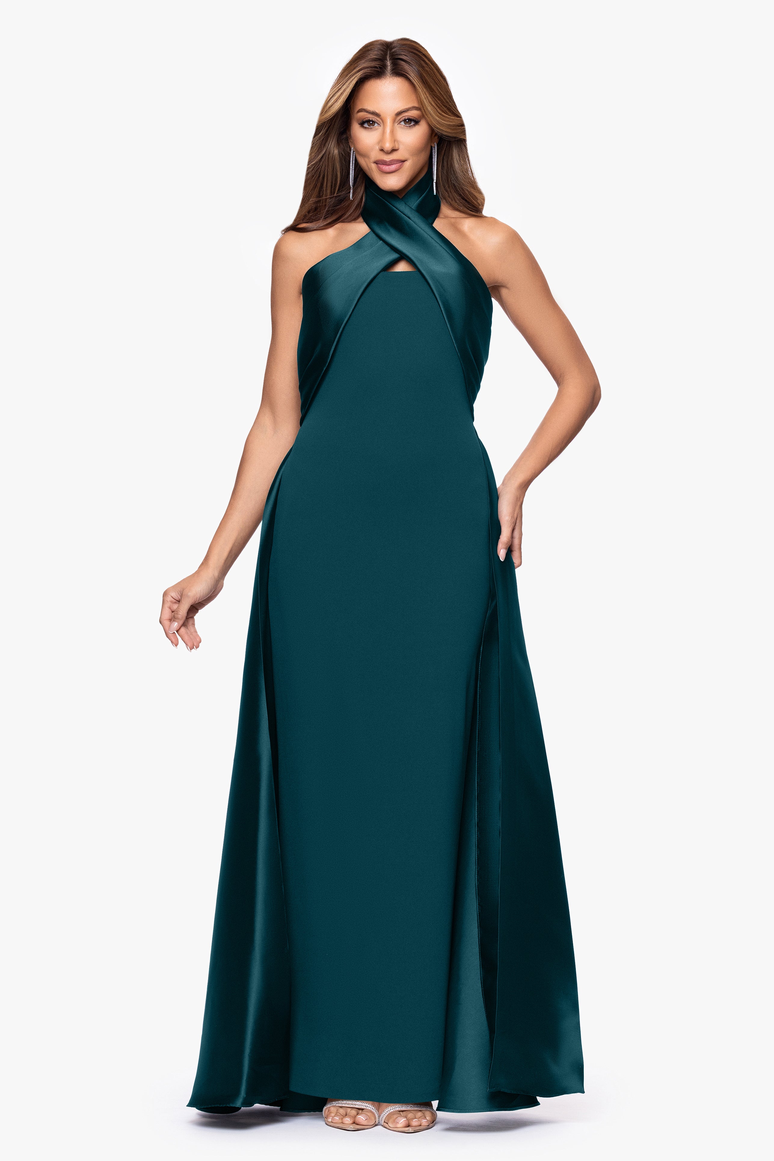 "Dina" Scuba Crepe Twist Halter Neck Floor Length Gown