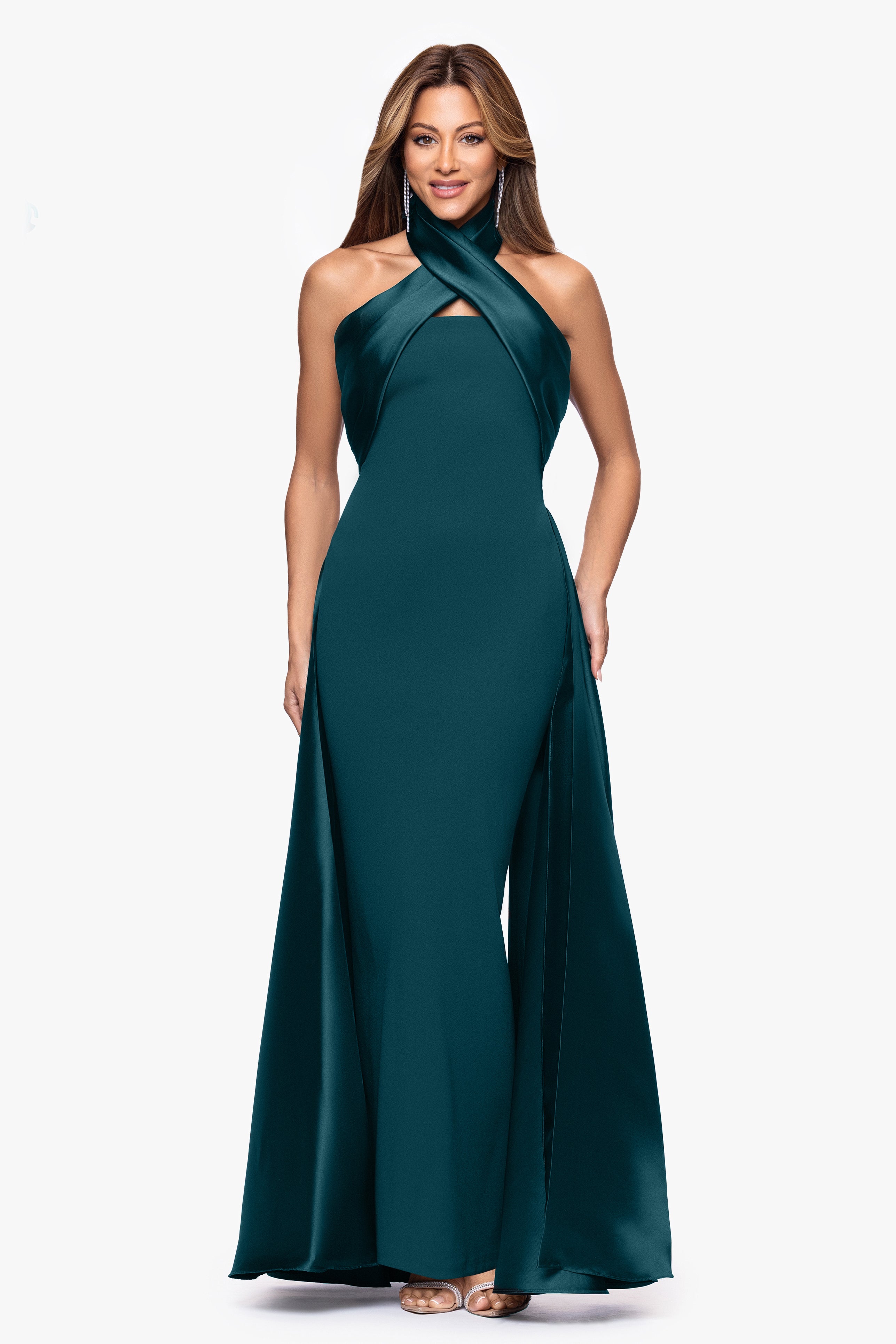 "Dina" Scuba Crepe Twist Halter Neck Floor Length Gown