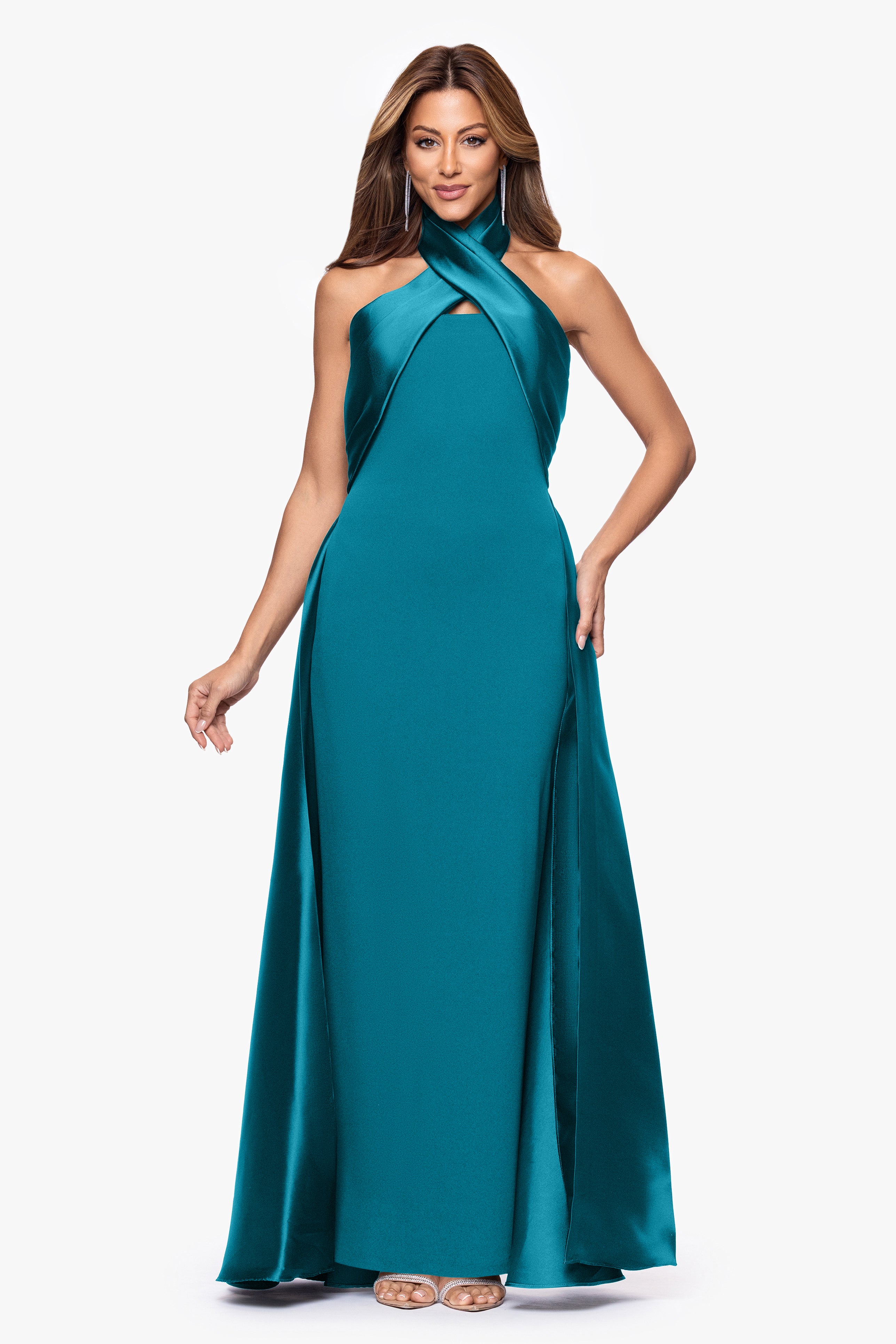 "Dina" Scuba Crepe Twist Halter Neck Floor Length Gown