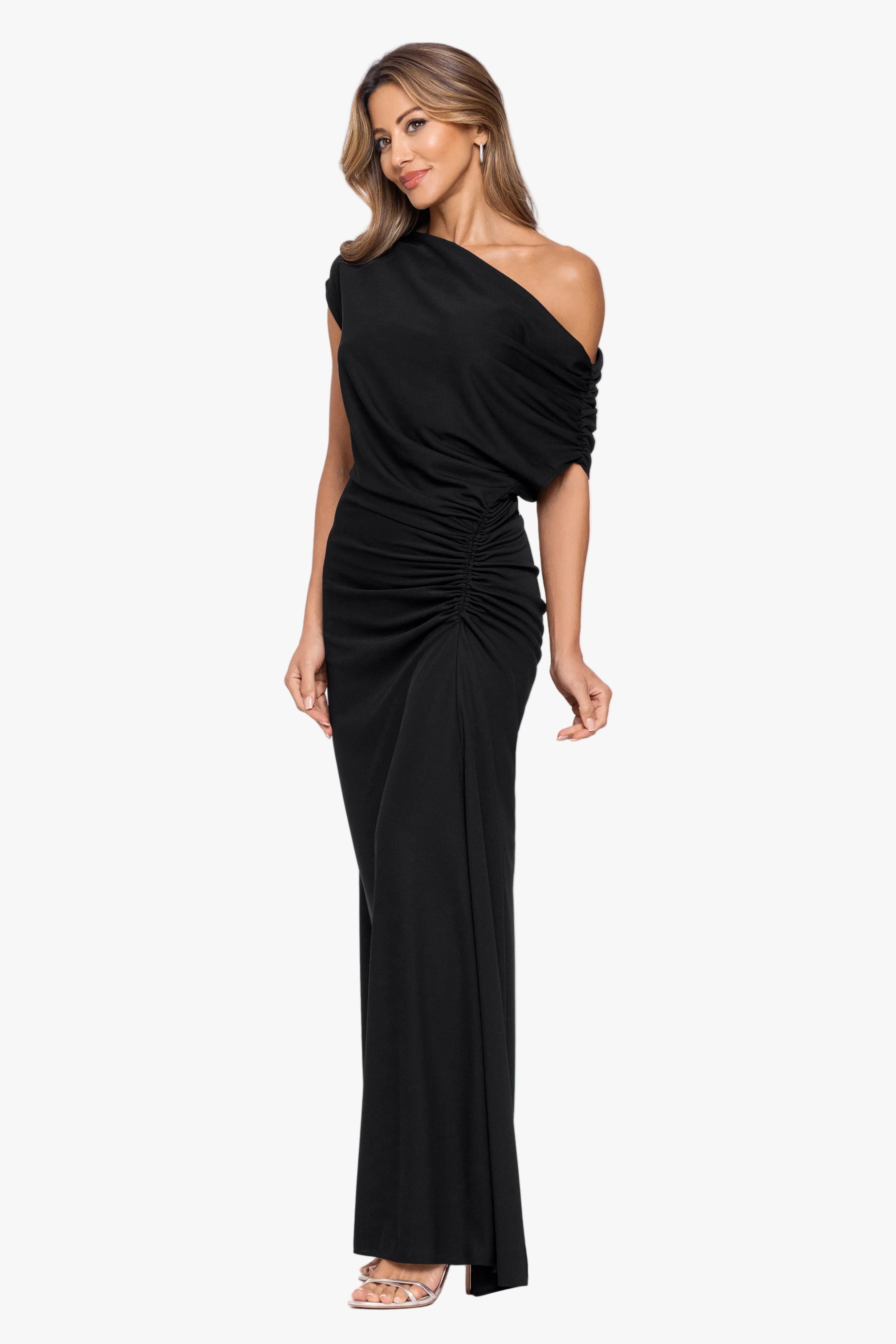 "Parker" Jersey Knit Off The Shoulder Ruched Dress
