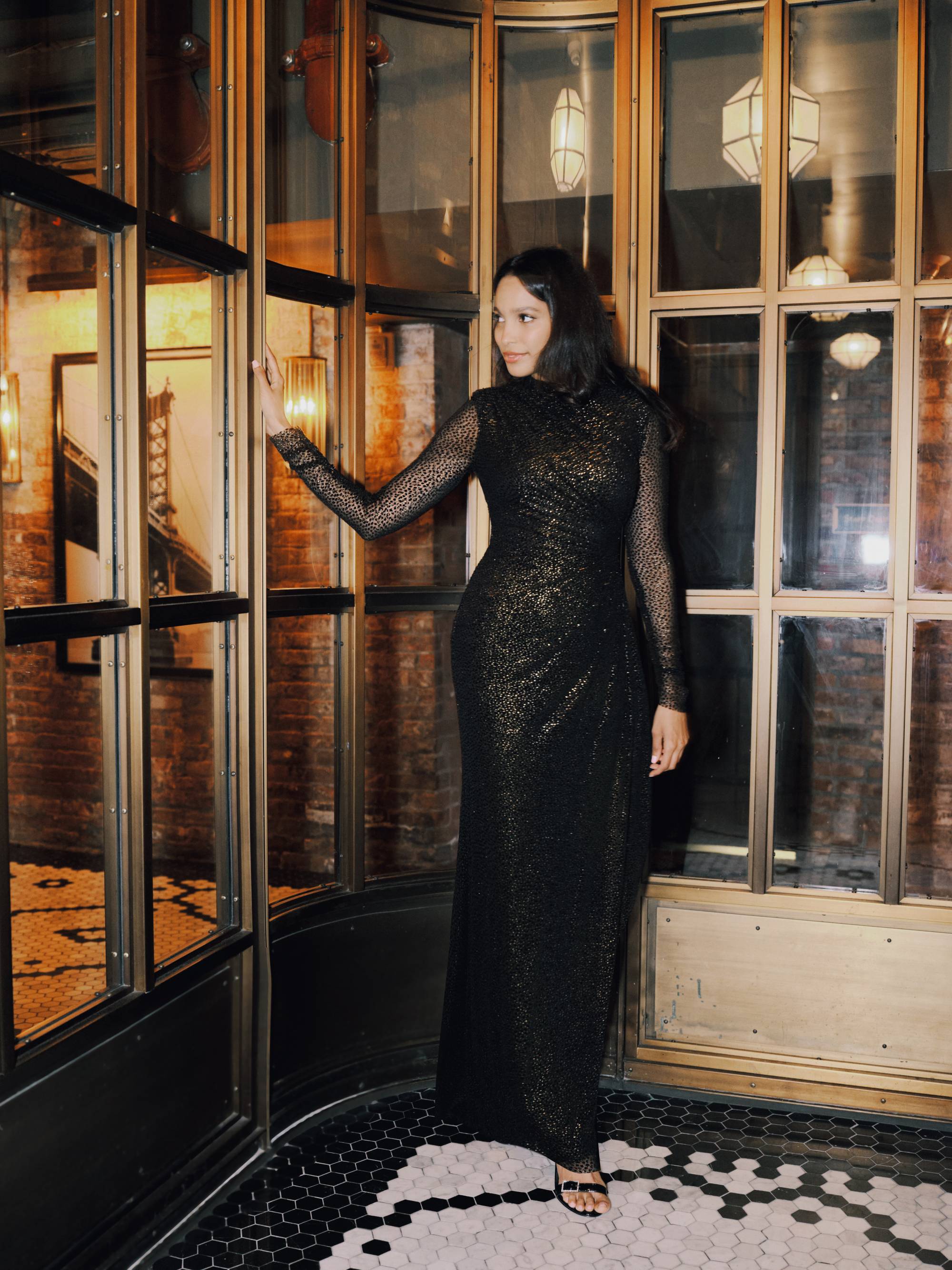 "Adelaide" Velvet Burnout Long Sleeve Floor Length Dress