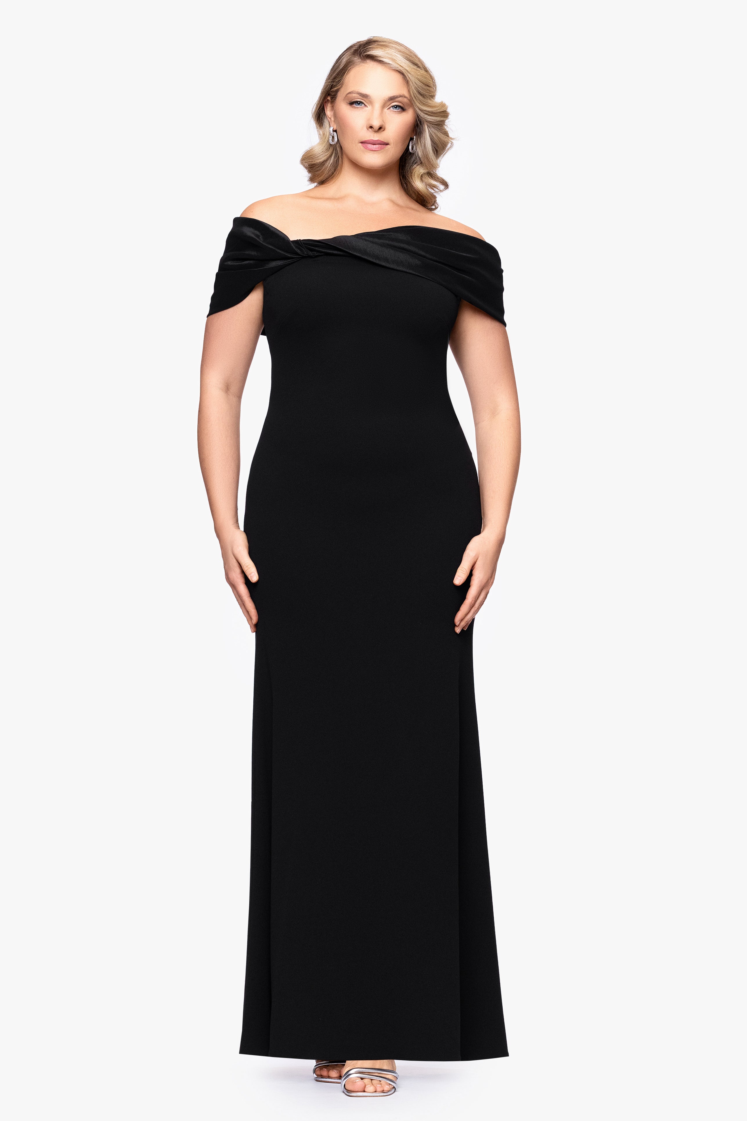 "Michelle" Scuba Crepe Off the Shoulder Taffeta Trim Dress