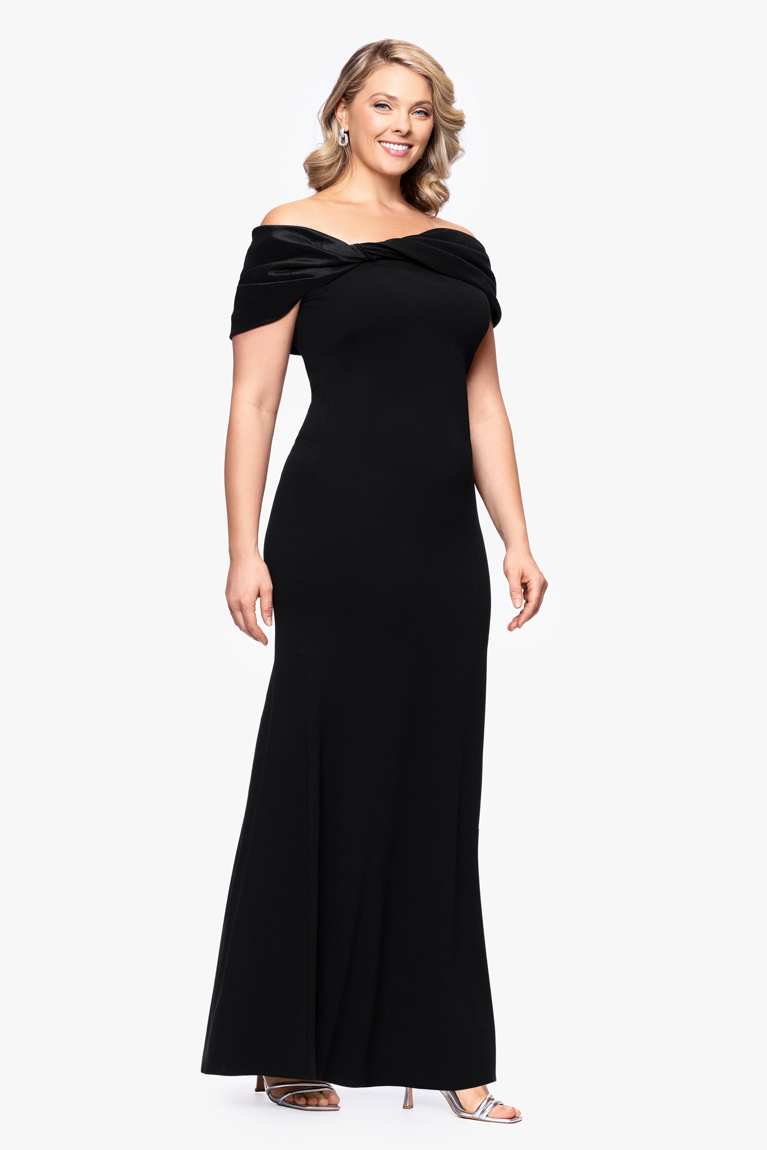 "Michelle" Scuba Crepe Off the Shoulder Taffeta Trim Dress