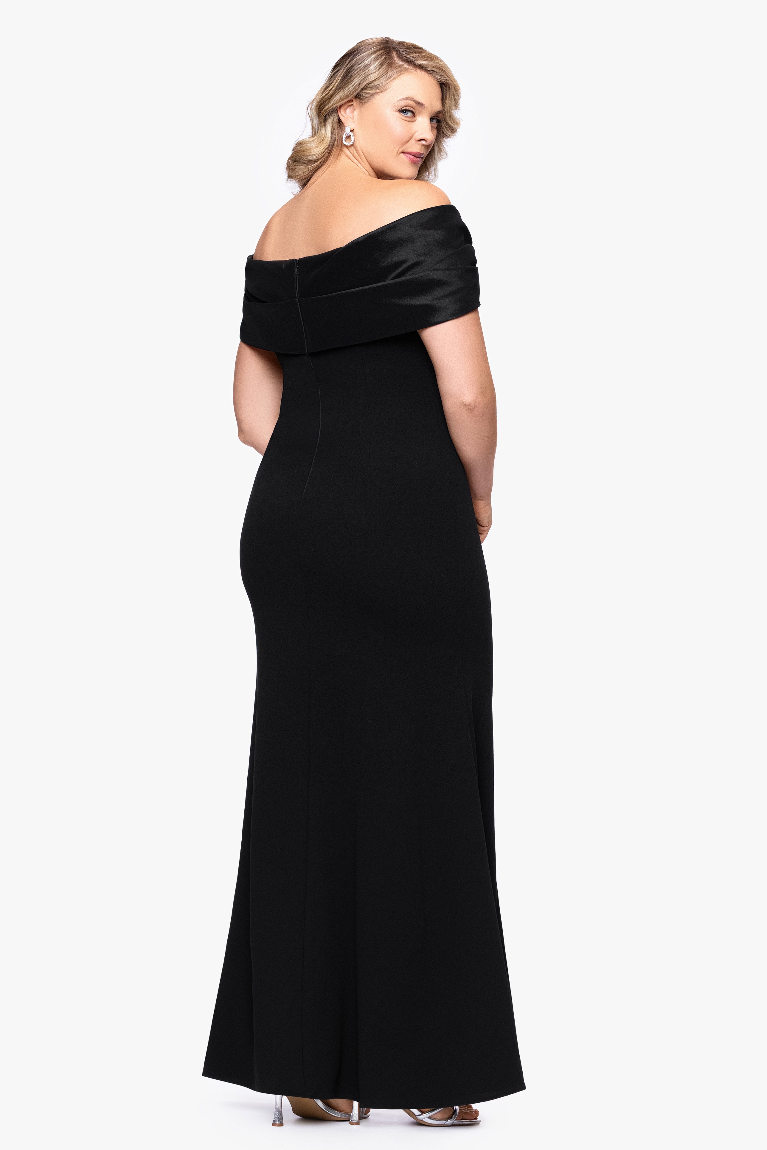 "Michelle" Scuba Crepe Off the Shoulder Taffeta Trim Dress