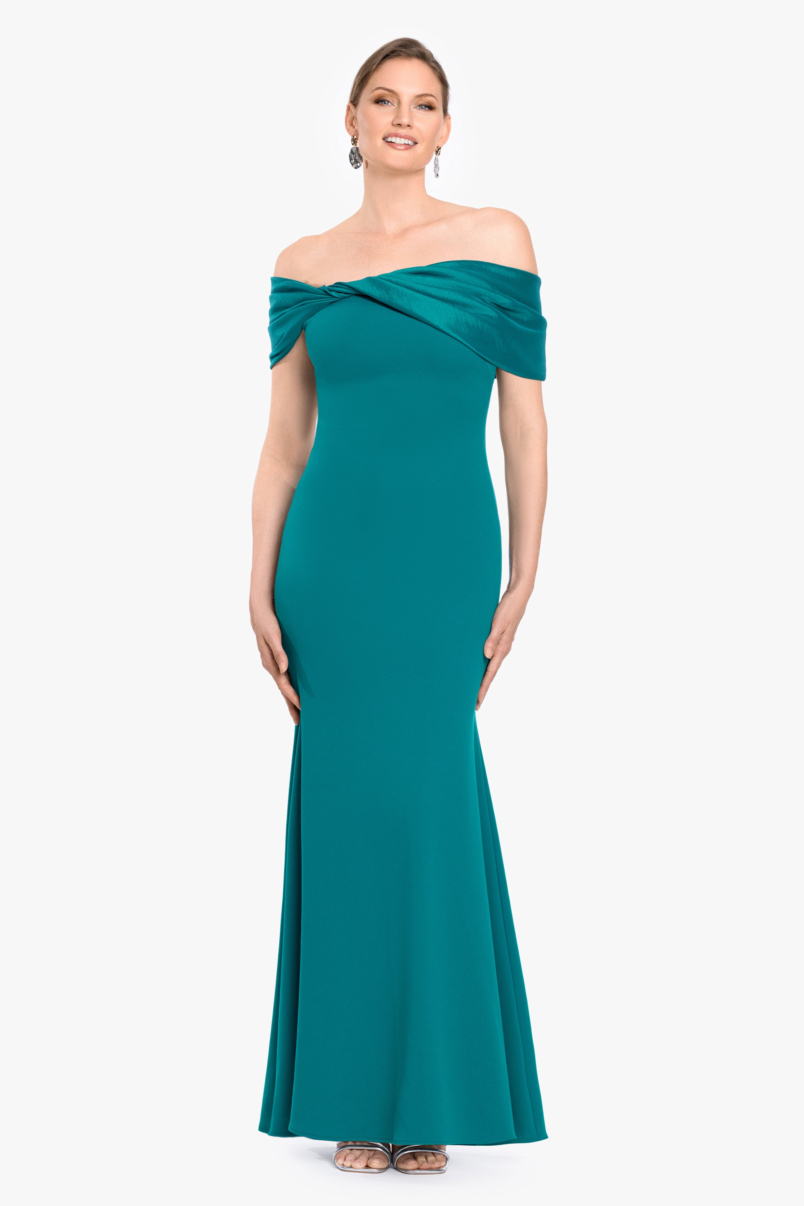 "Michelle" Scuba Crepe Off the Shoulder Taffeta Trim Dress