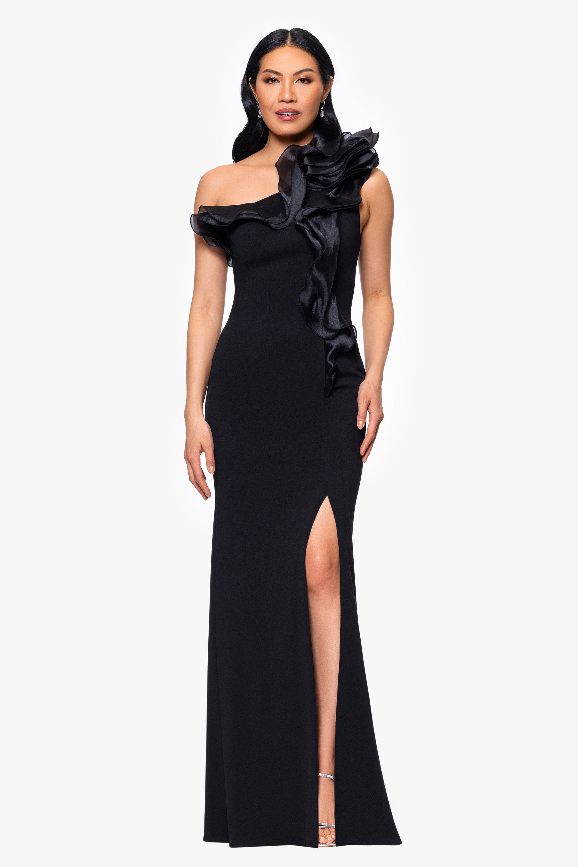"Drea" Scuba Crepe Drop Shoulder Ruffle Dress
