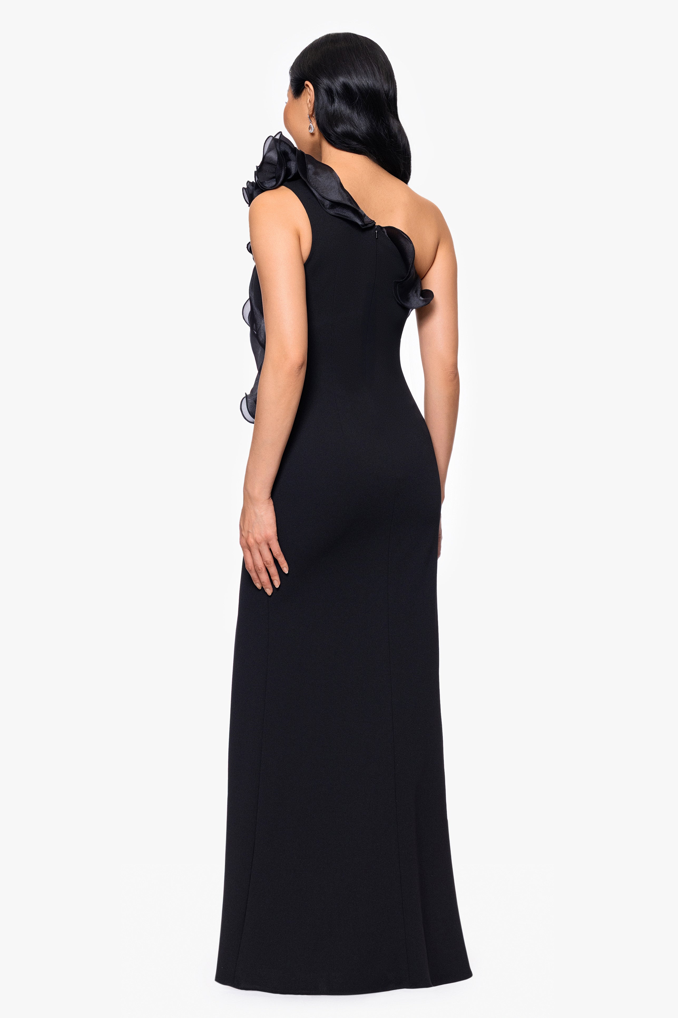 Drea" Scuba Crepe Drop Shoulder Ruffle Floor Length Dress Drea" Scuba Crepe Drop Shoulder Ruffle Floor Length Dress