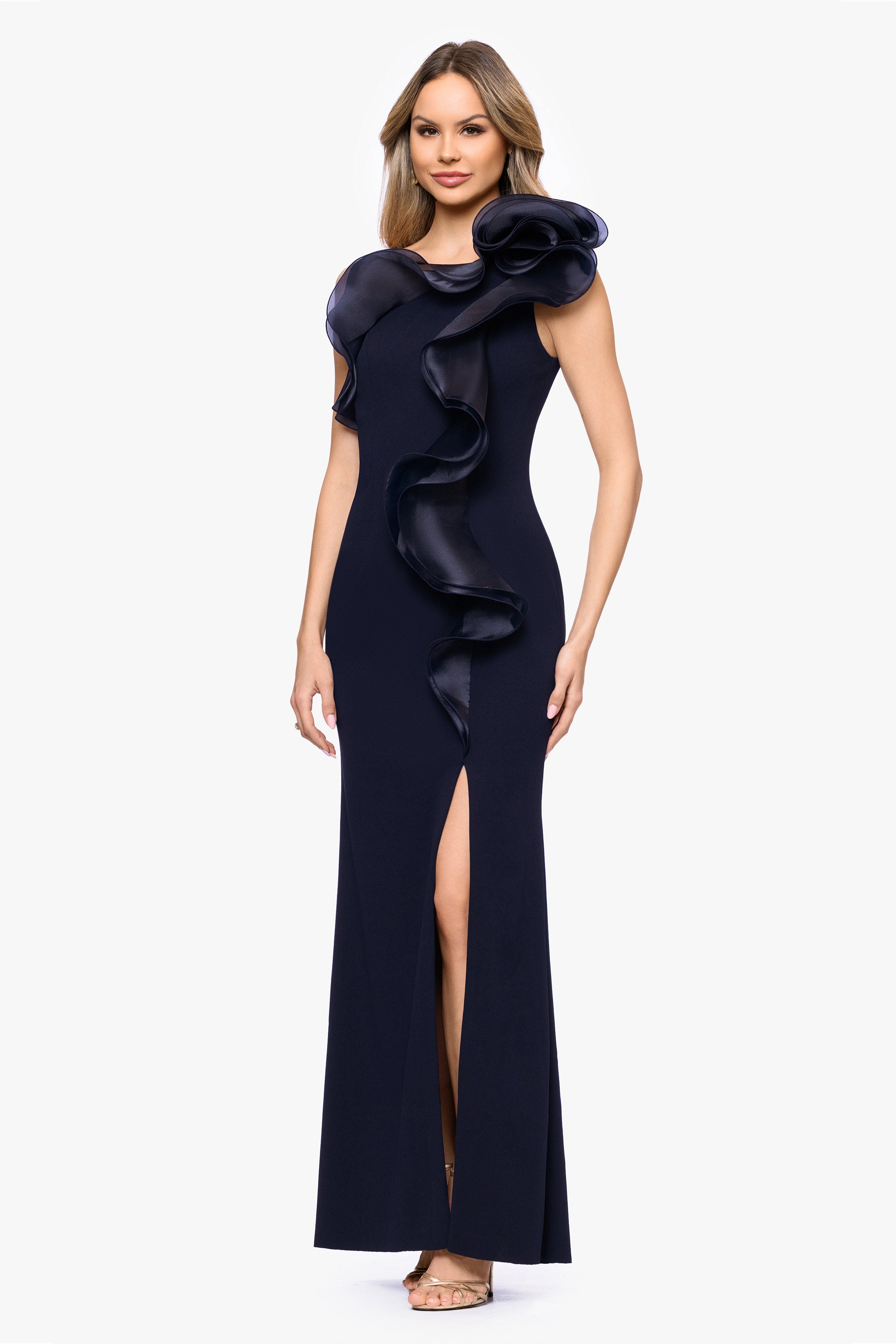 drop waist scuba dress Betsy Adam Scuba Crepe Asymmetric One Shoulder Short Sleeve Mermaid Gown, Womens, 14, Pine