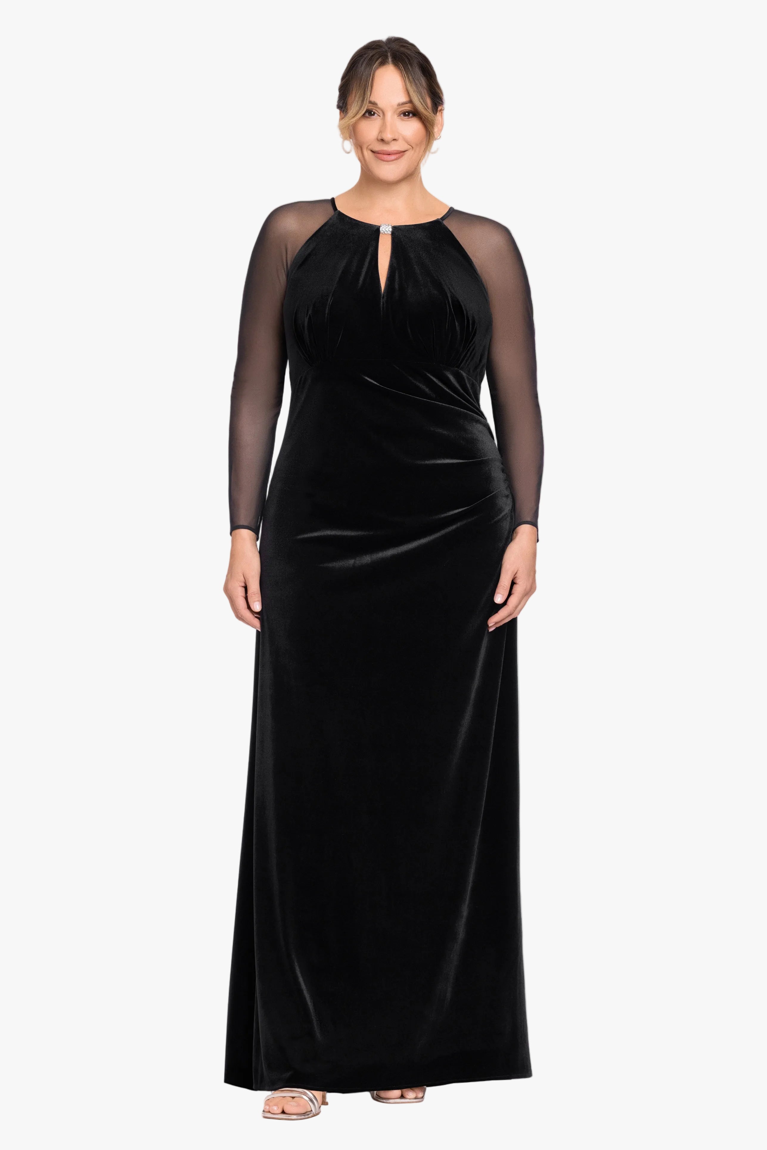 Plus "Paris" Velvet & Mesh Long Sleeve Dress